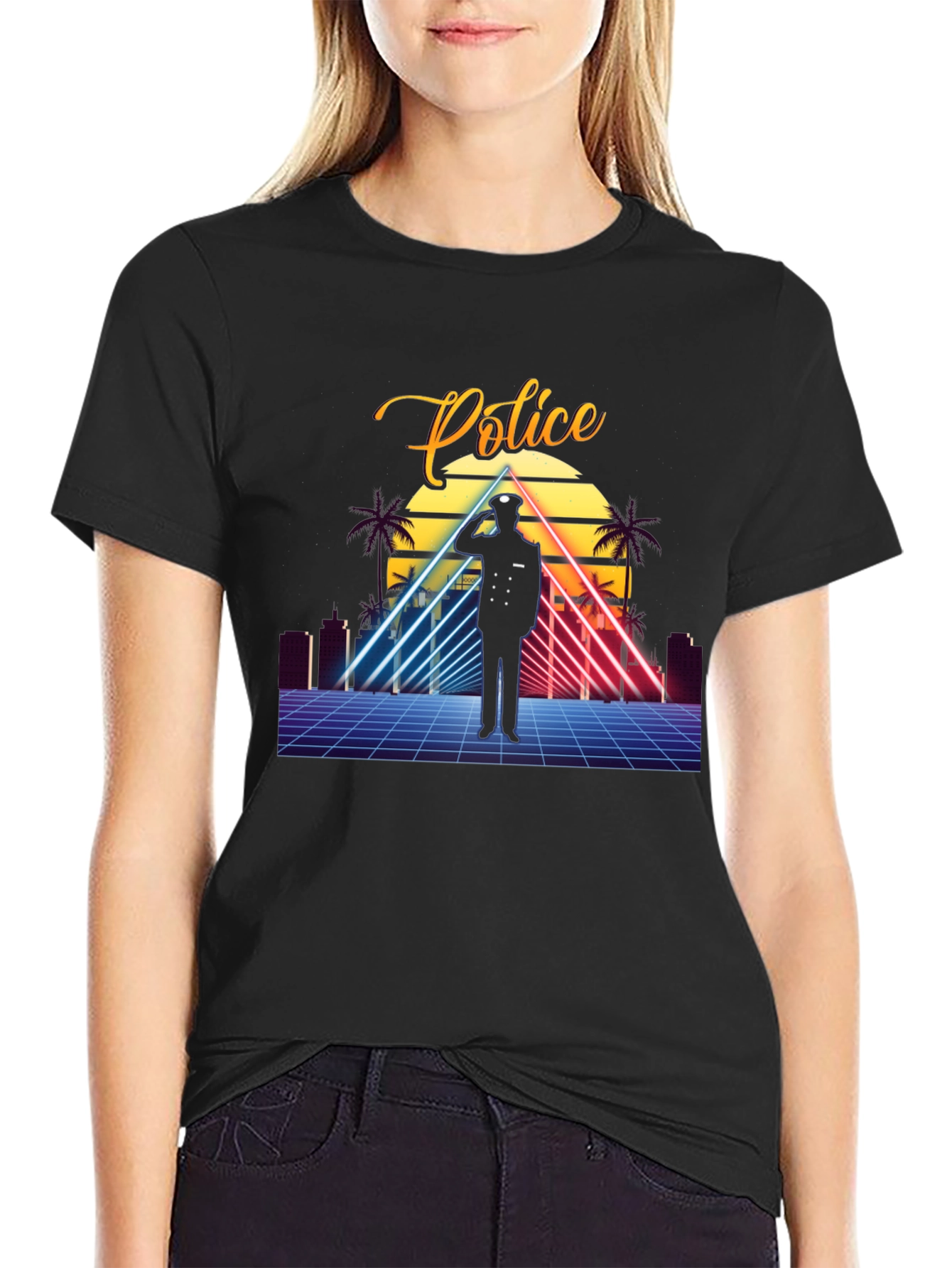 Retro Police Graphic T-Shirt - Synthwave Design