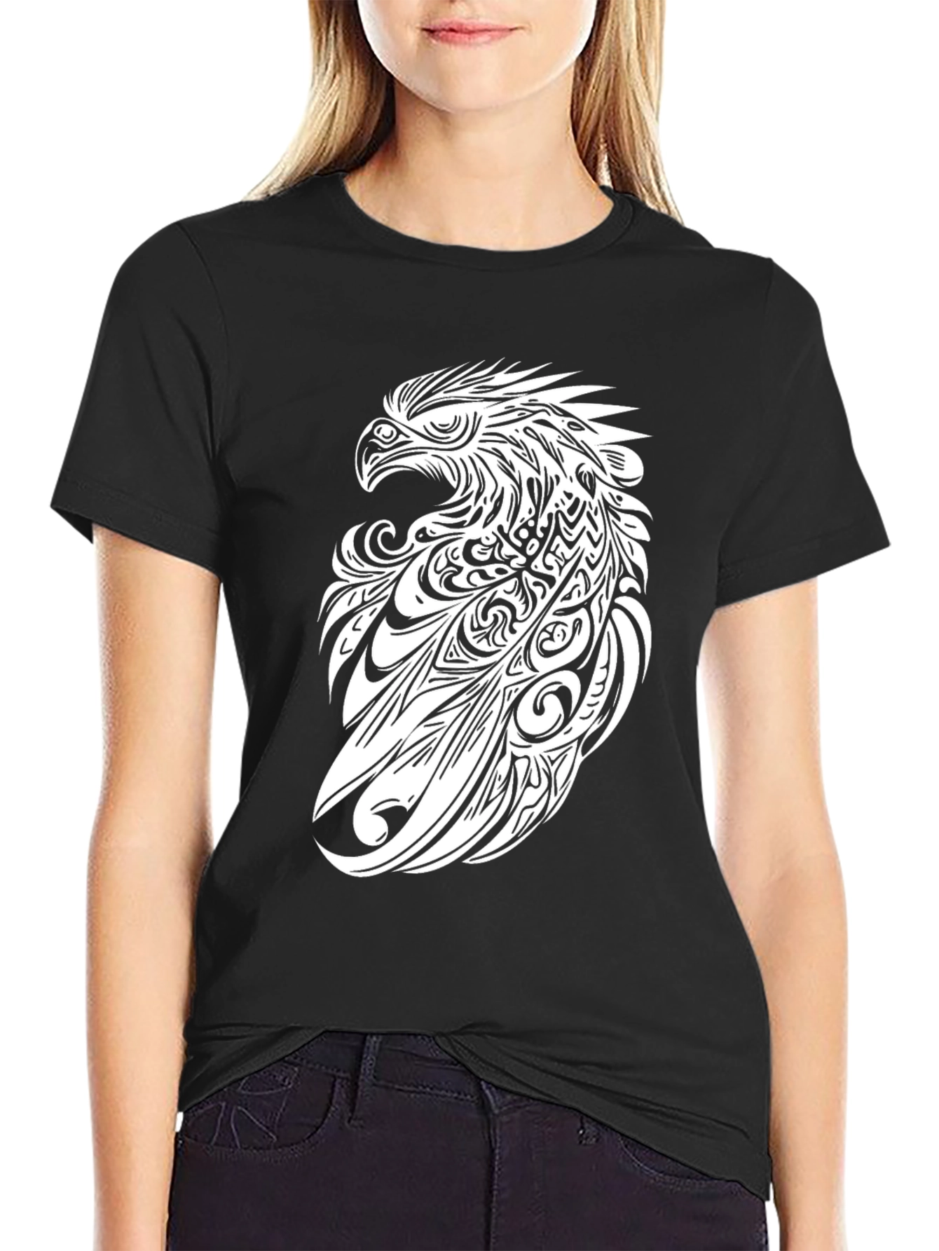 Tribal Eagle Graphic Tee - Black Cotton T-Shirt