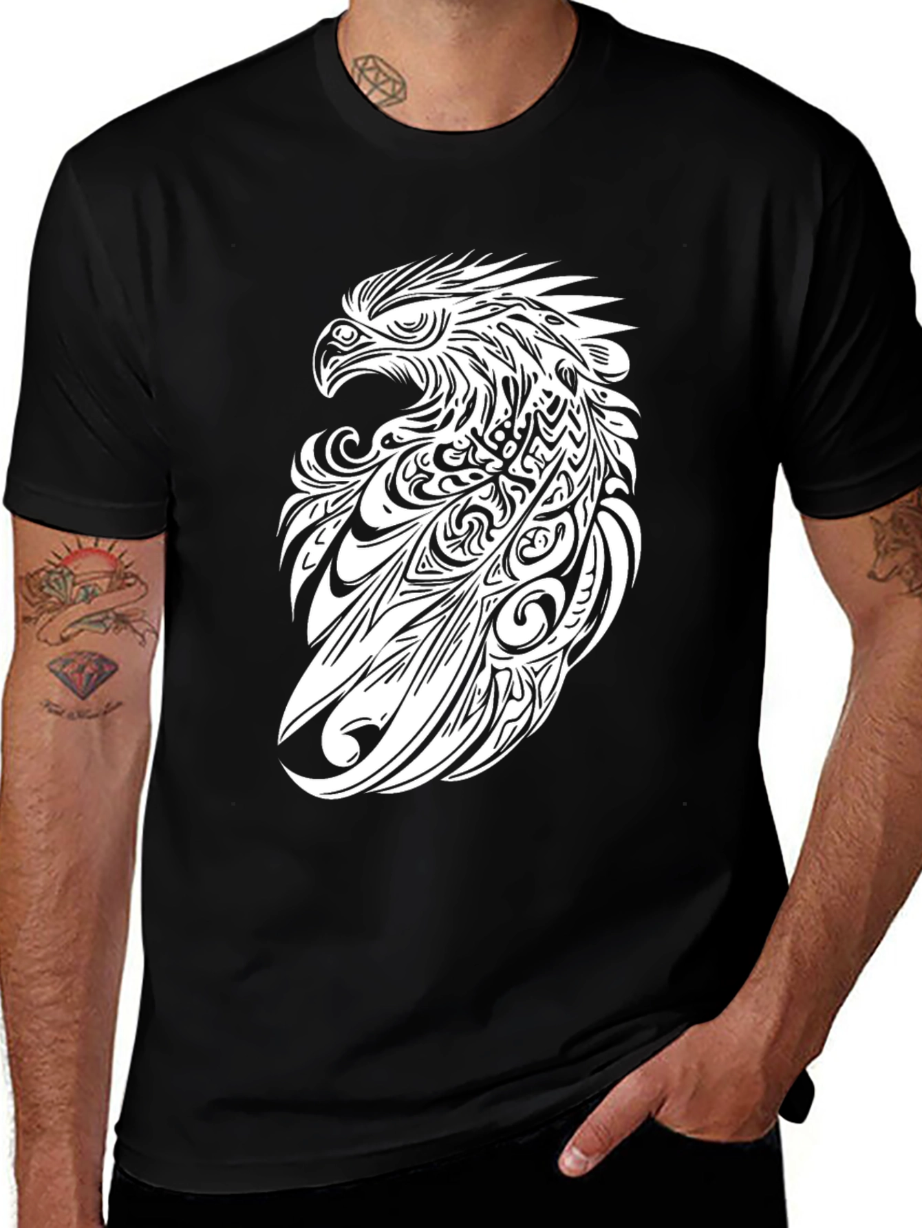 Tribal Eagle Graphic Tee - Black Cotton T-Shirt