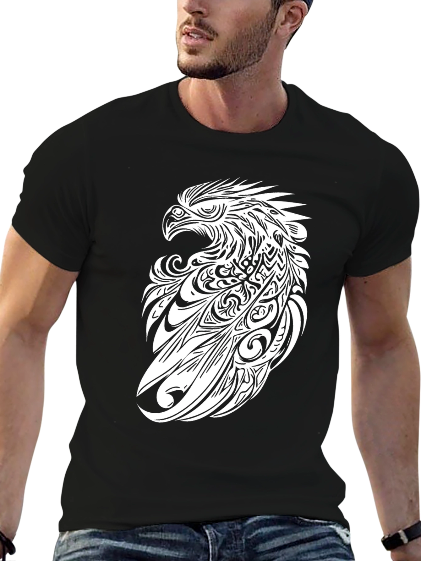 Tribal Eagle Graphic Tee - Black Cotton T-Shirt