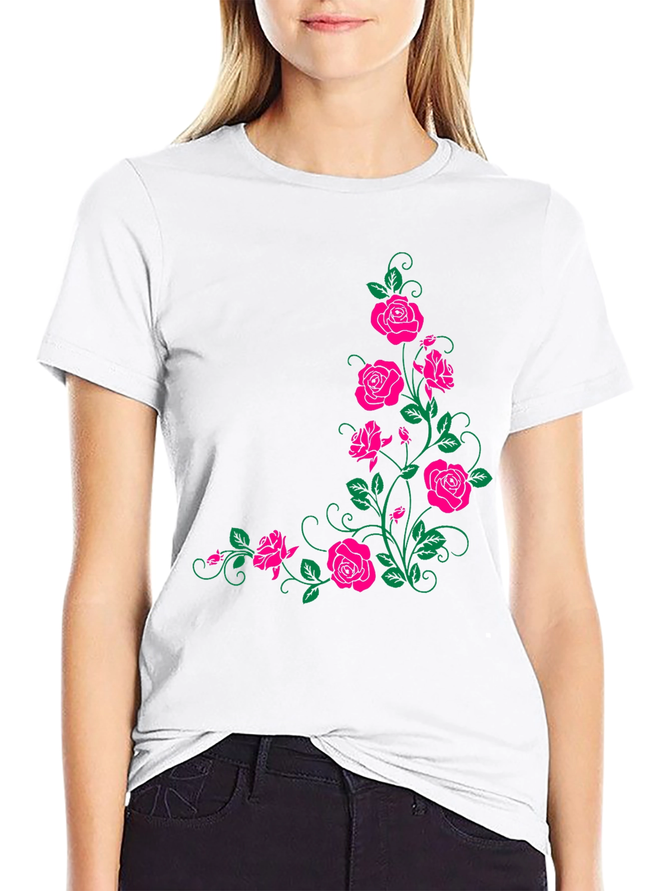 Floral Rose Print Black T-Shirt