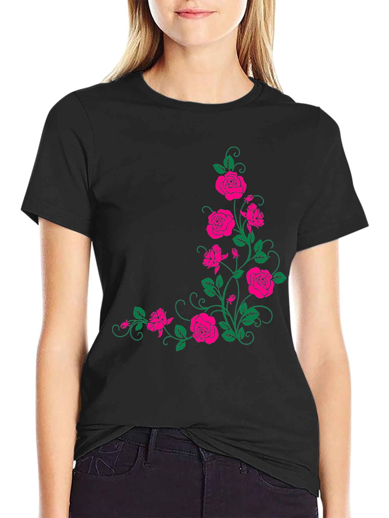 Floral Rose Print Black T-Shirt