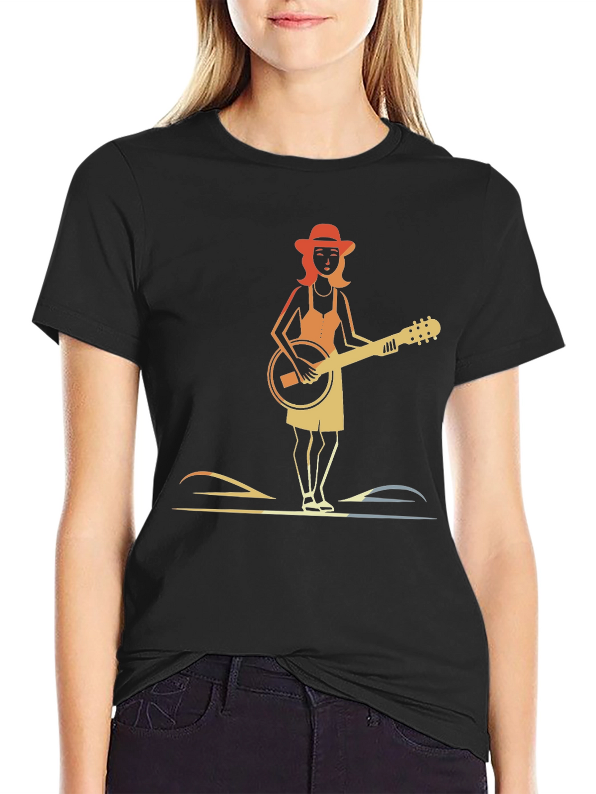 Banjo Girl Graphic Tee - Retro Style Black T-Shirt