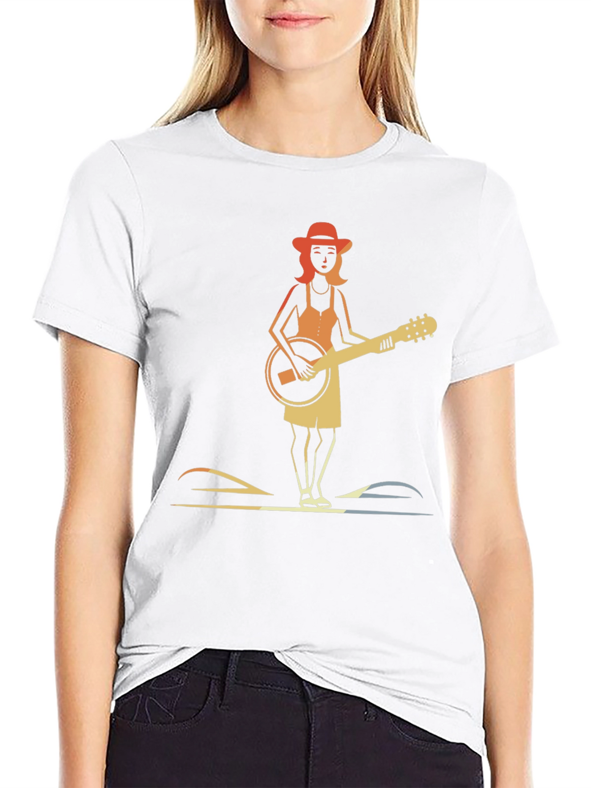 Banjo Girl Graphic Tee - Retro Style Black T-Shirt