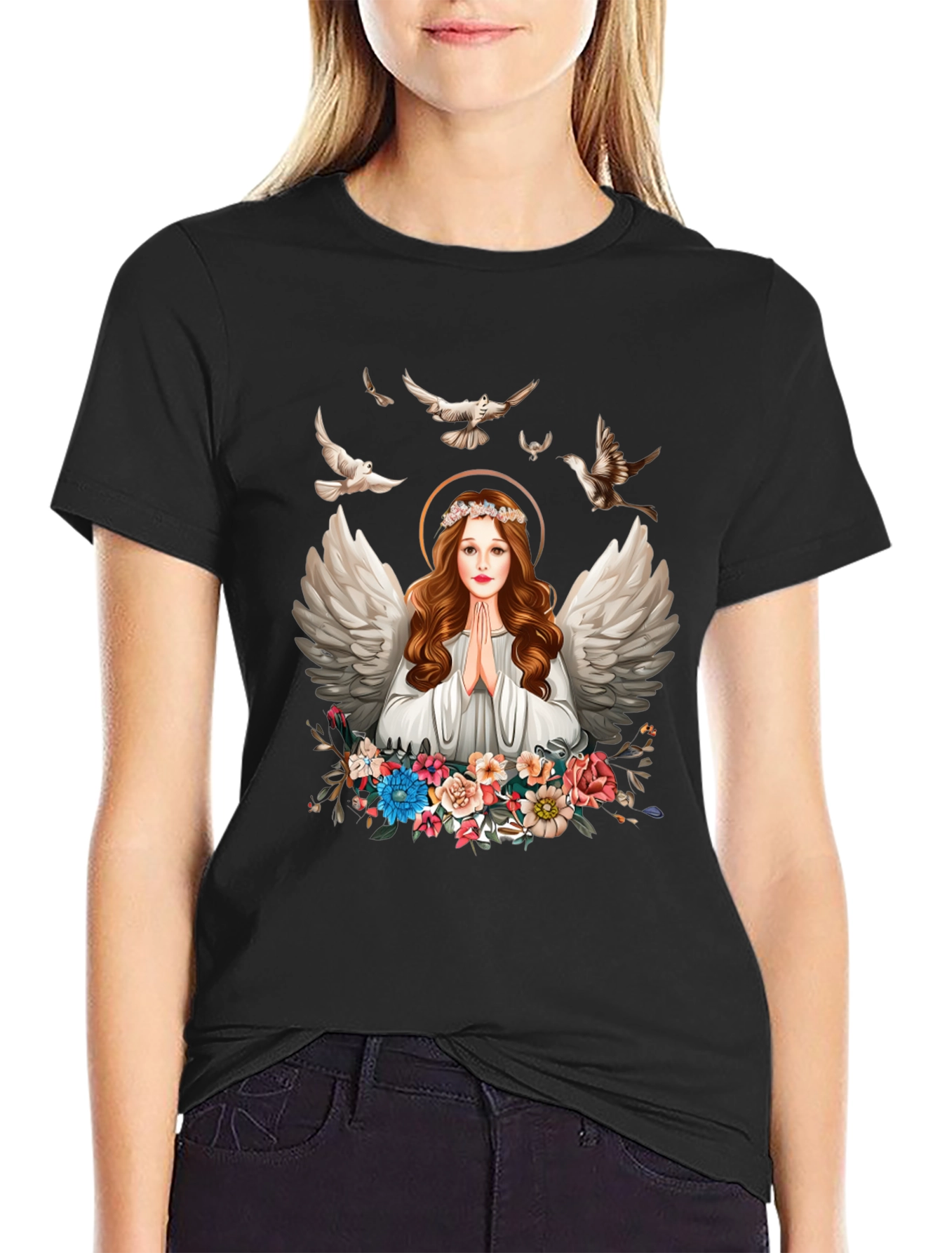 Angel Wings Floral Black T-Shirt