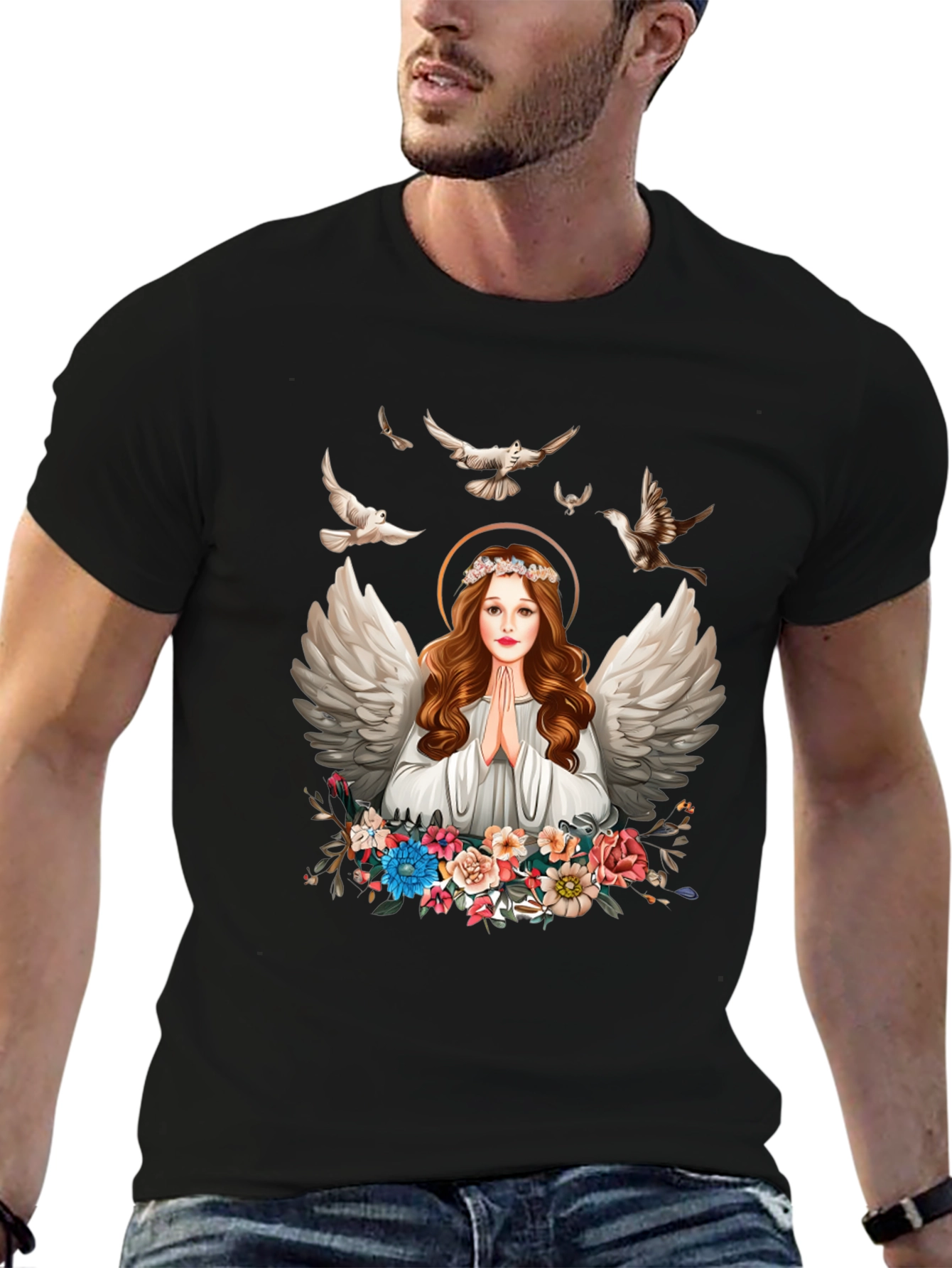 Angel Wings Floral Black T-Shirt