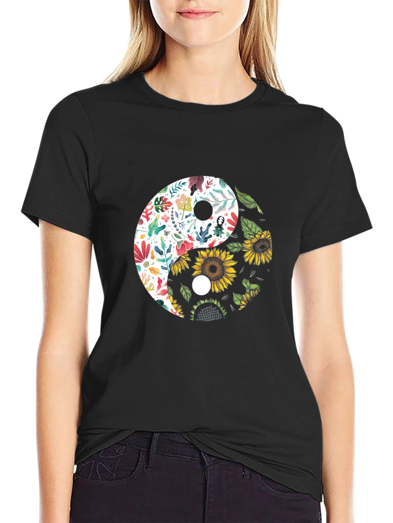 Yin Yang Floral Sunflower Graphic Tee