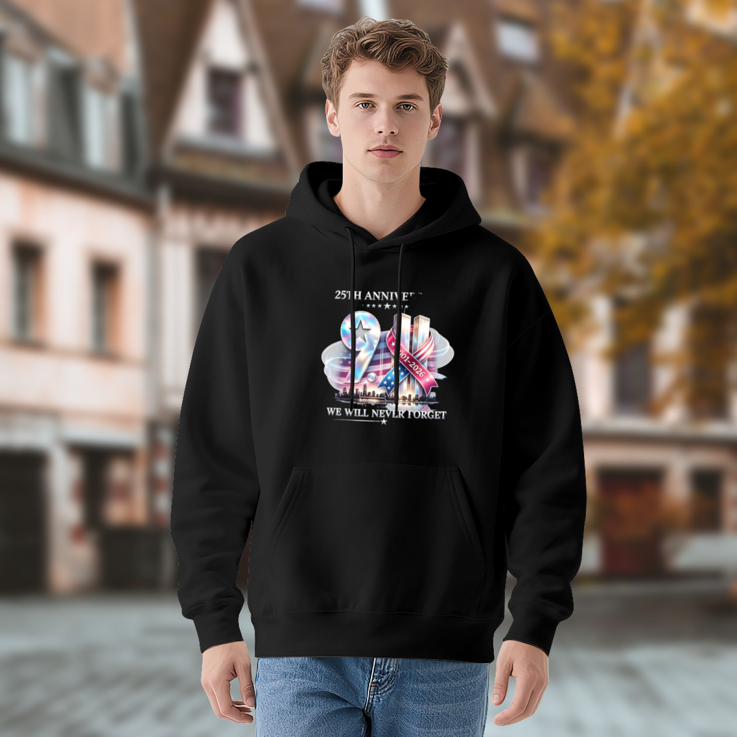 25th Anniversary We Will Never Forget 9/11 Ribbon Memorial Hoodie