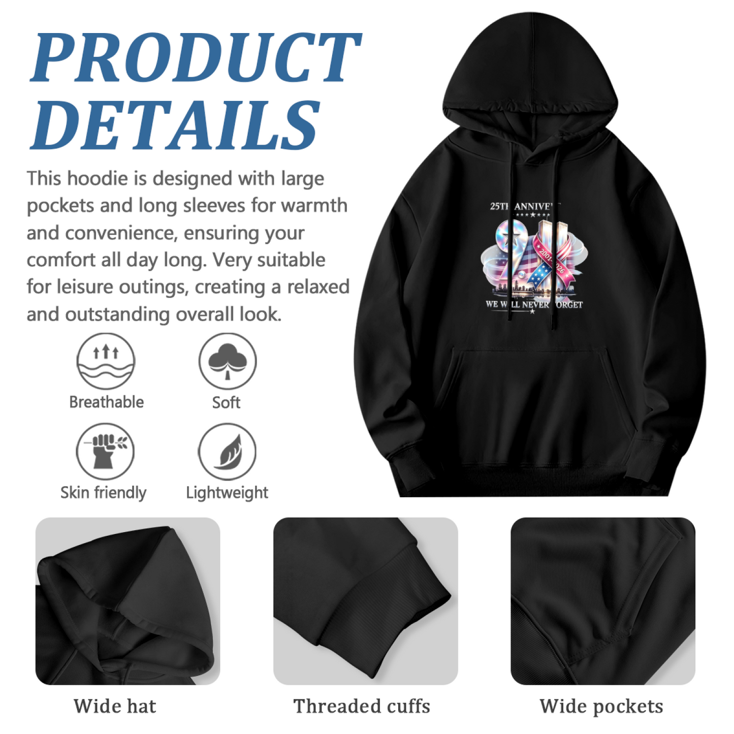 25th Anniversary We Will Never Forget 9/11 Ribbon Memorial Hoodie
