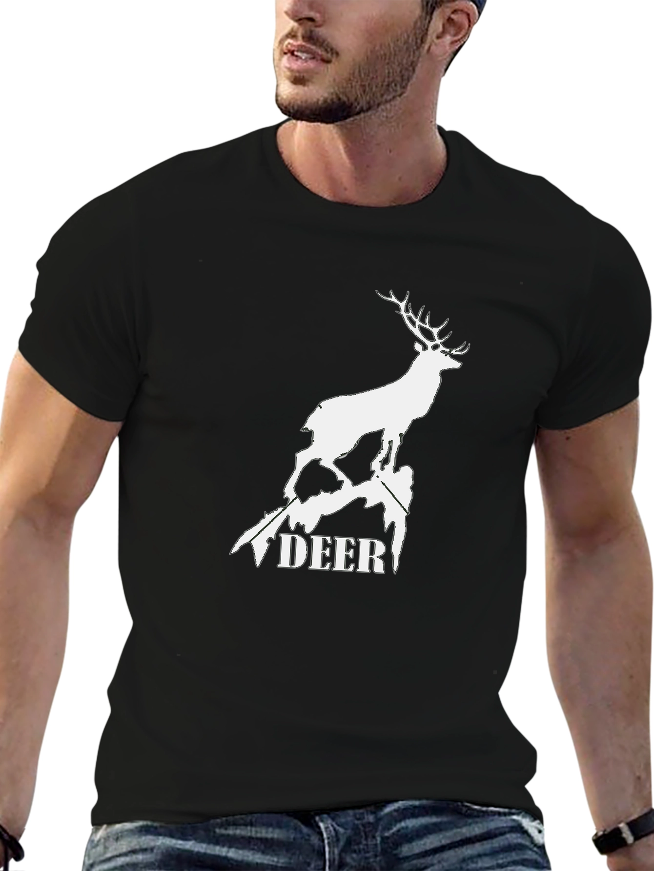 Deer Graphic Tee - Black Cotton T-Shirt