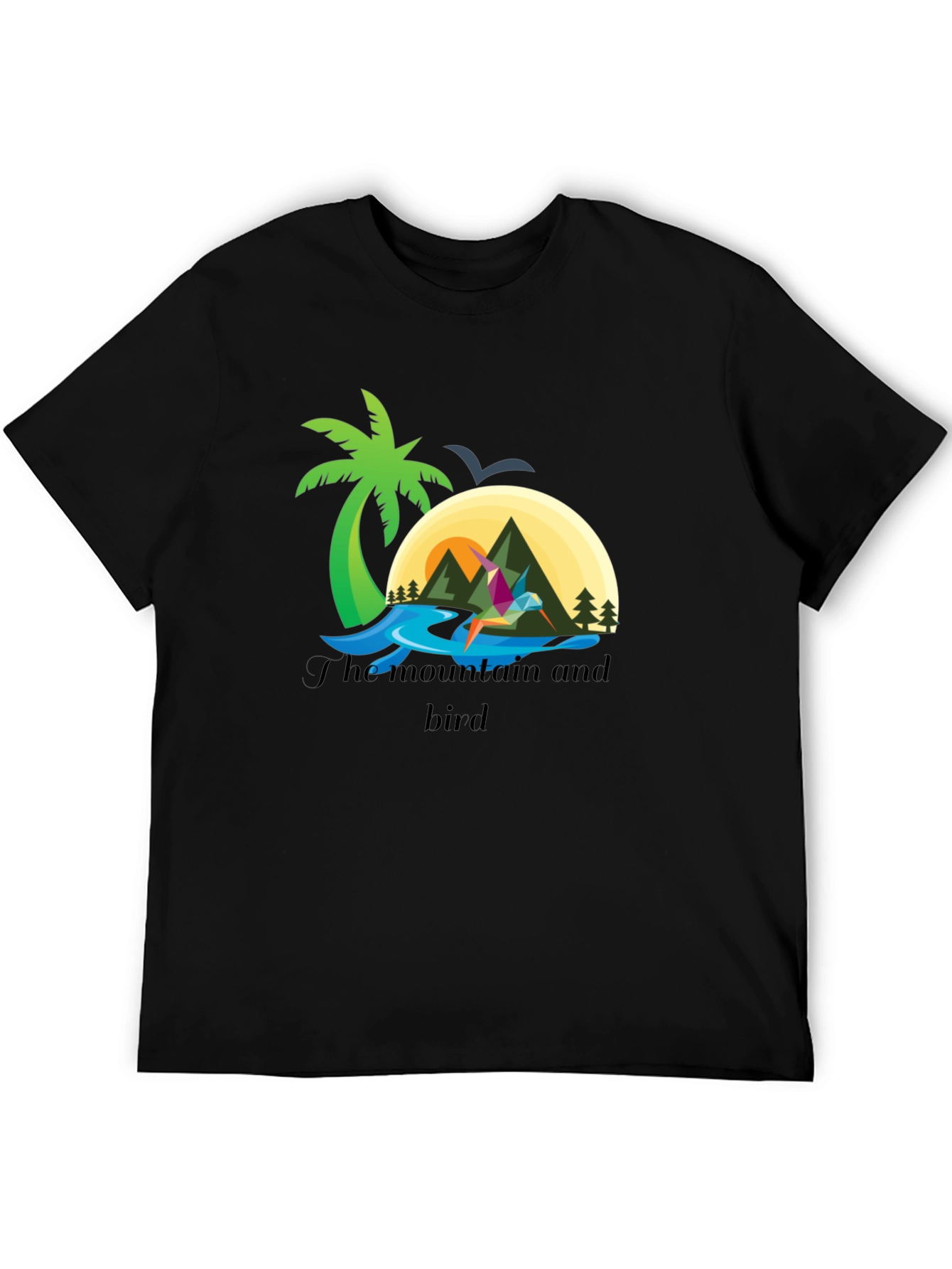 Mountain and Bird Graphic Tee - Stylish Black T-Shirt