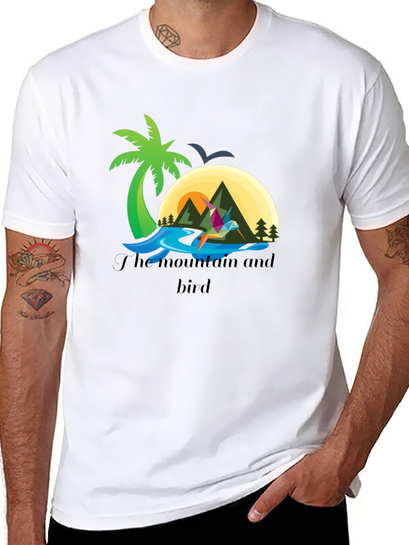 Mountain and Bird Graphic Tee - Stylish Black T-Shirt