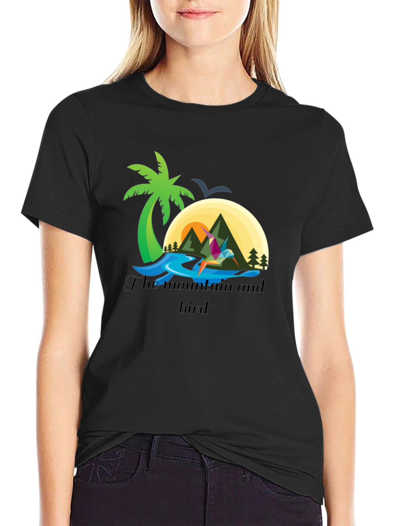 Mountain and Bird Graphic Tee - Stylish Black T-Shirt