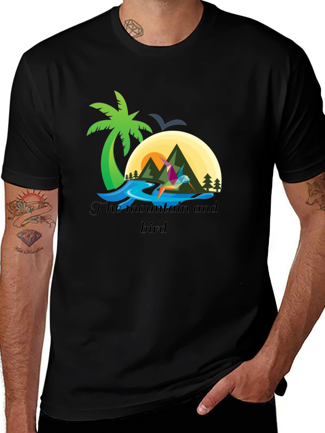 Mountain and Bird Graphic Tee - Stylish Black T-Shirt