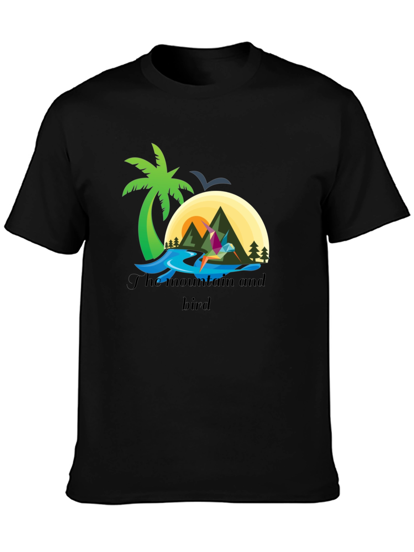 Mountain and Bird Graphic Tee - Stylish Black T-Shirt