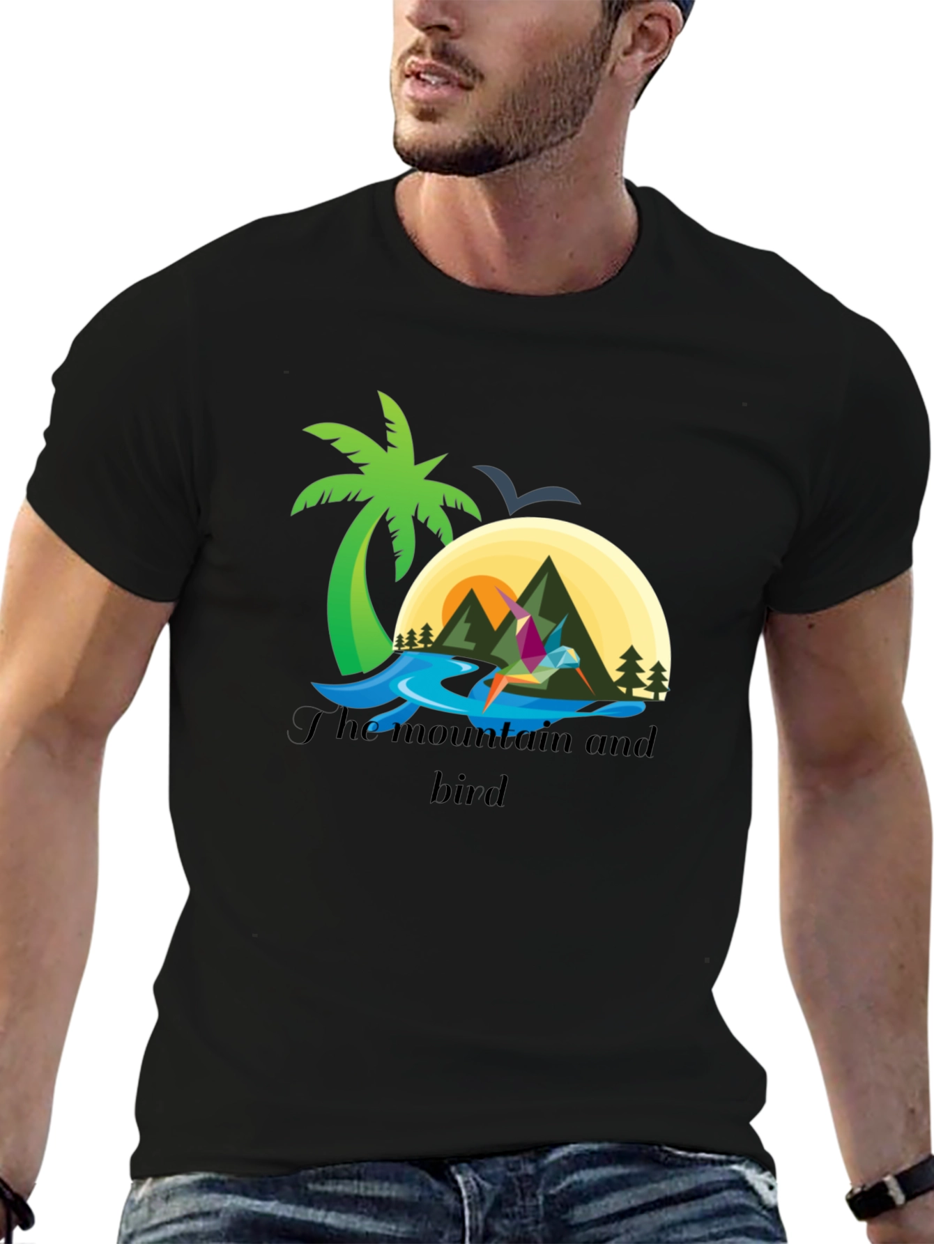 Mountain and Bird Graphic Tee - Stylish Black T-Shirt