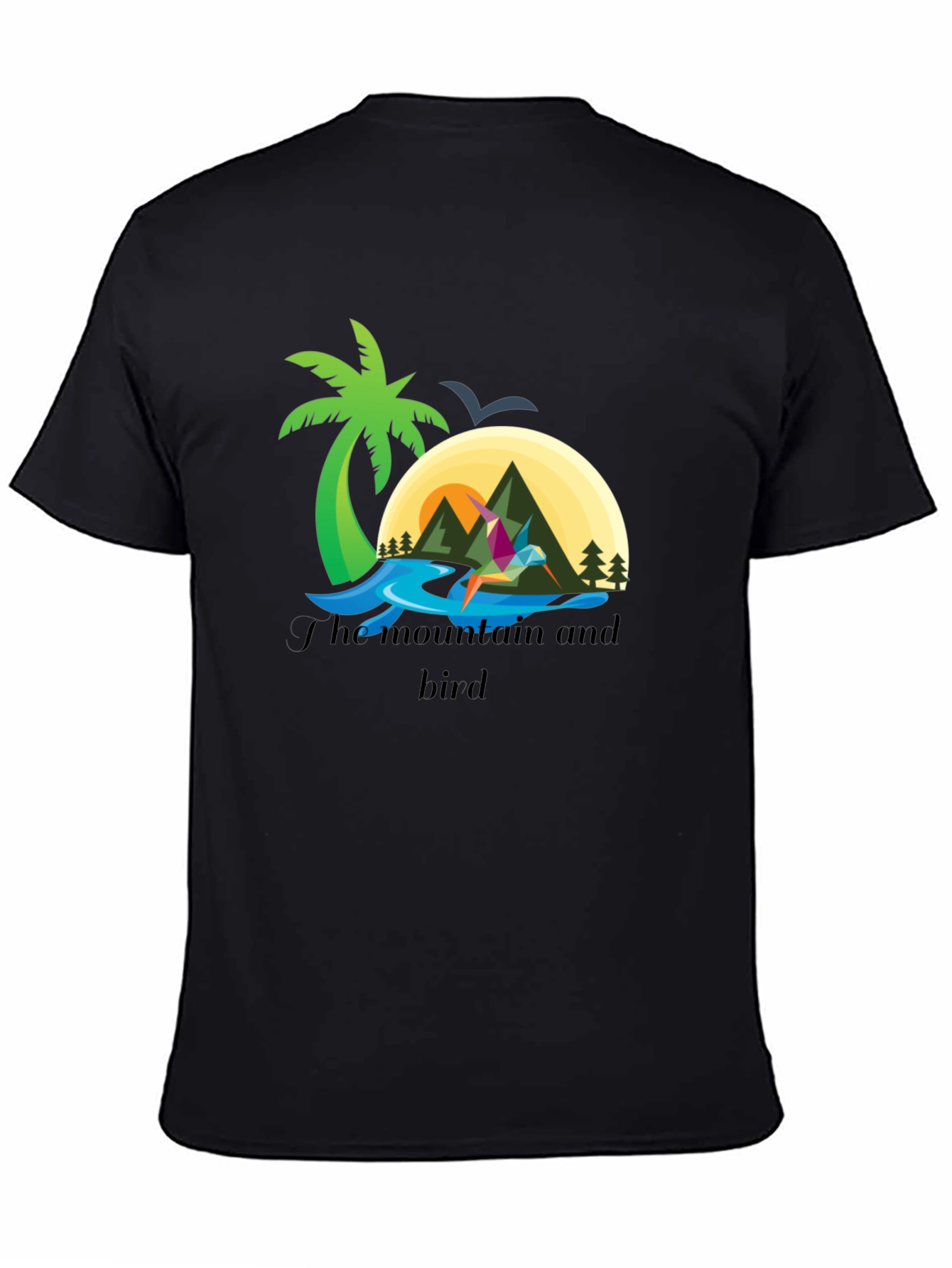 Mountain and Bird Graphic Tee - Stylish Black T-Shirt