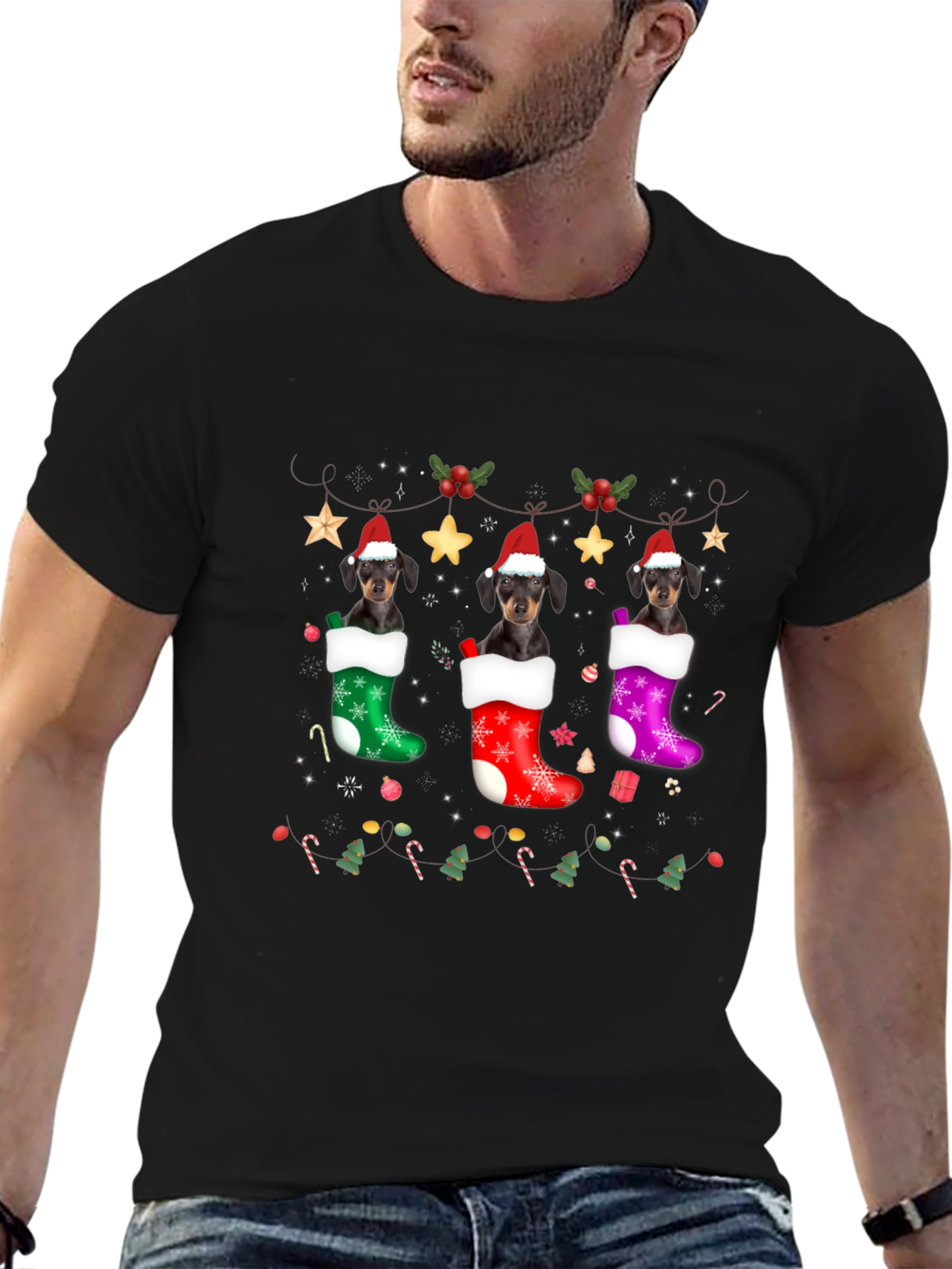 Festive Dachshund Christmas Stocking T-Shirt