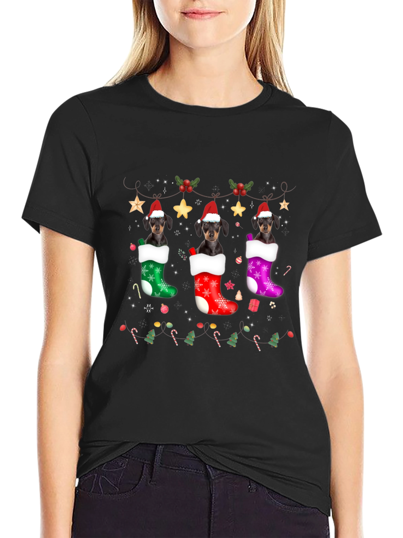 Festive Dachshund Christmas Stocking T-Shirt