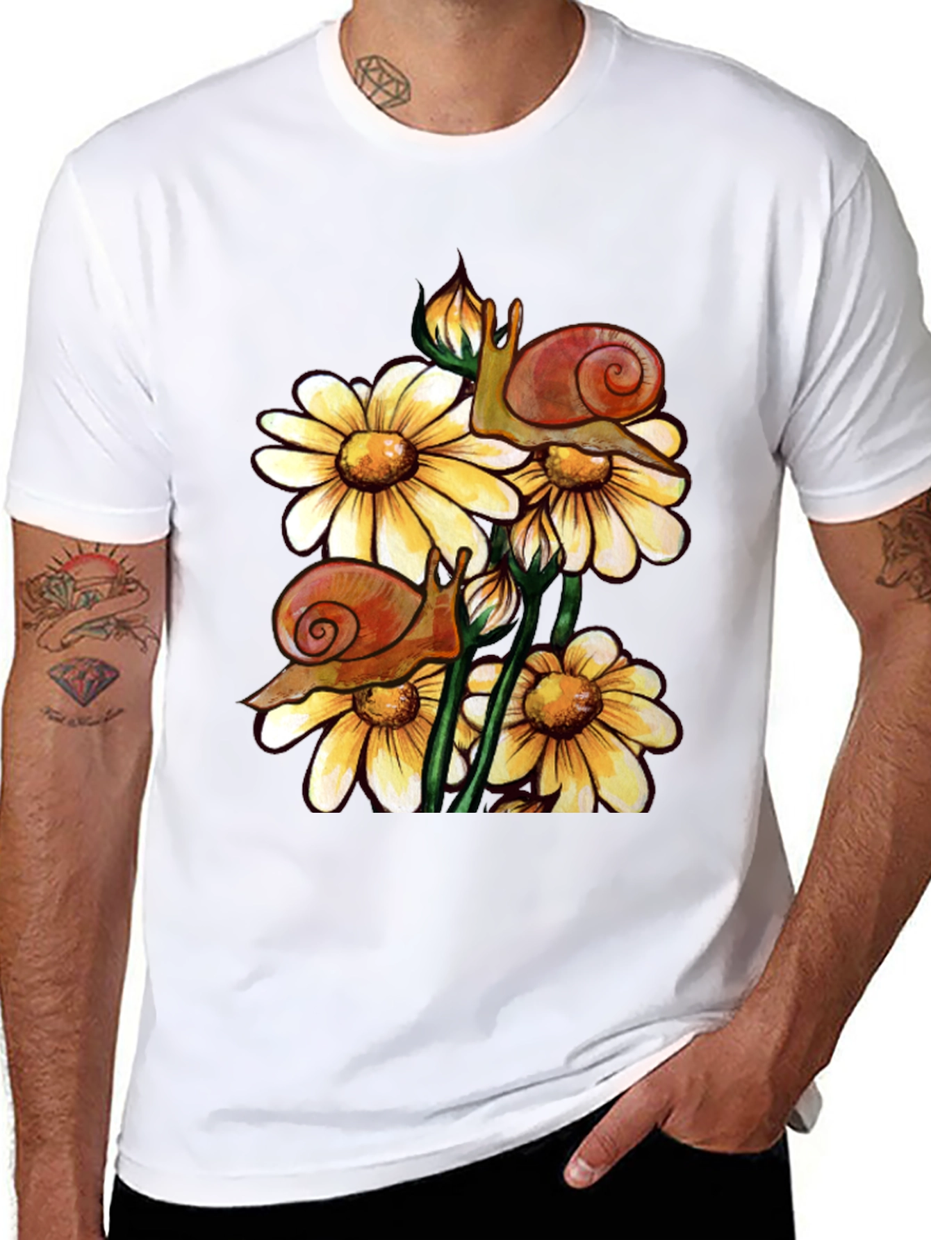 Snail & Daisy Graphic Tee - Black Cotton T-Shirt