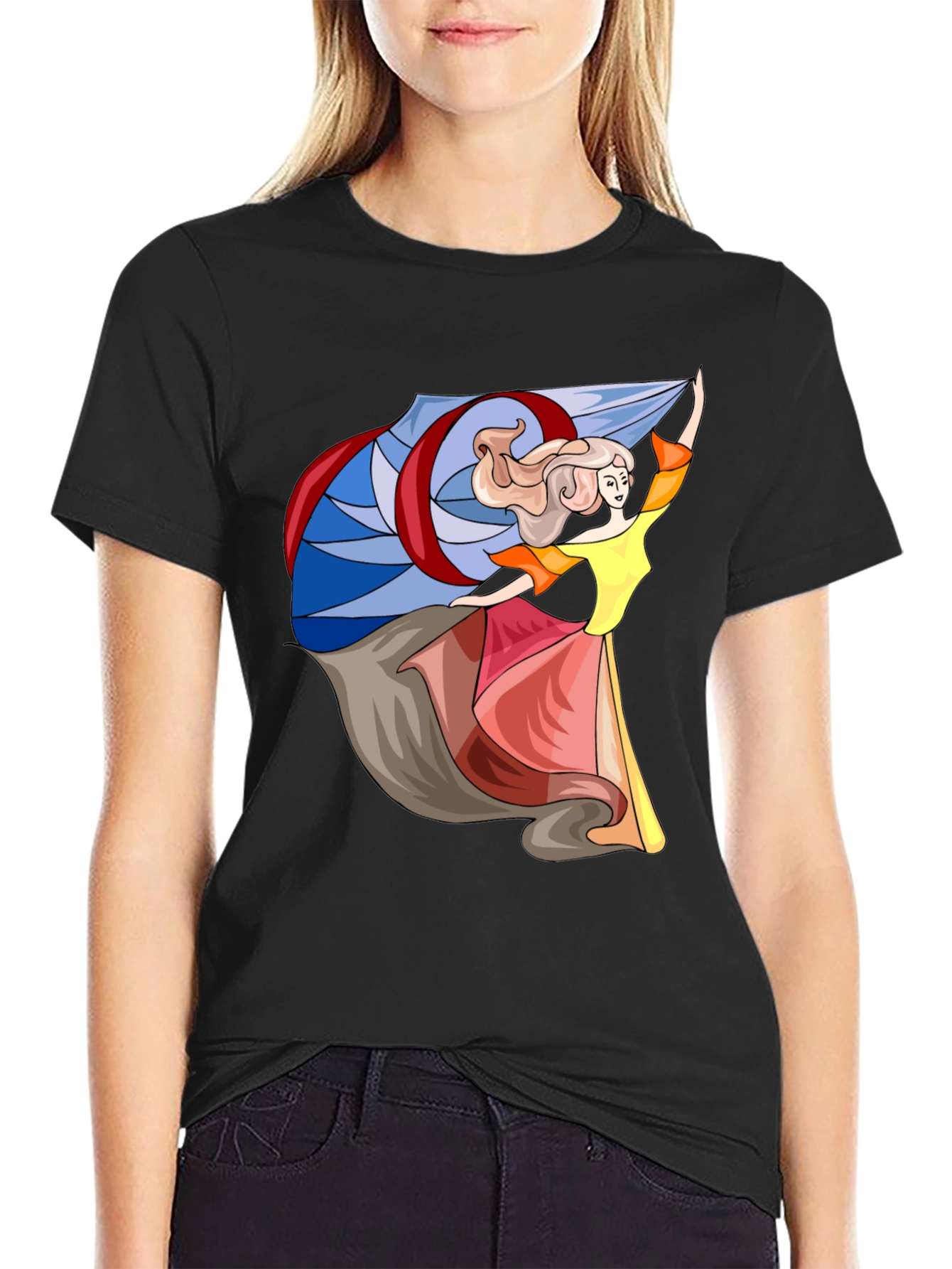 Whimsical Dancer Graphic Tee - Black Cotton Blend