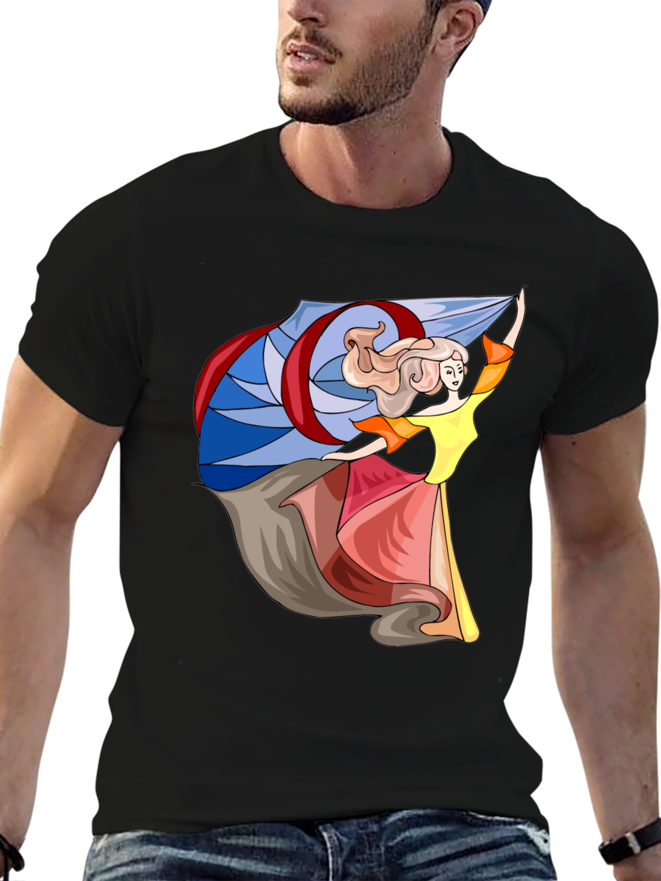 Whimsical Dancer Graphic Tee - Black Cotton Blend