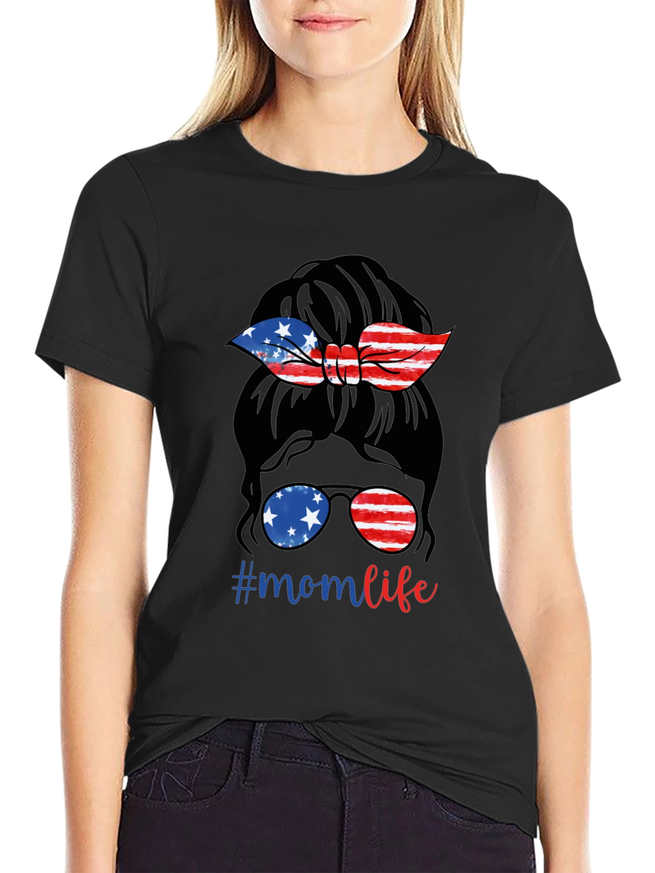 Mom Life Messy Bun Patriotic T-Shirt