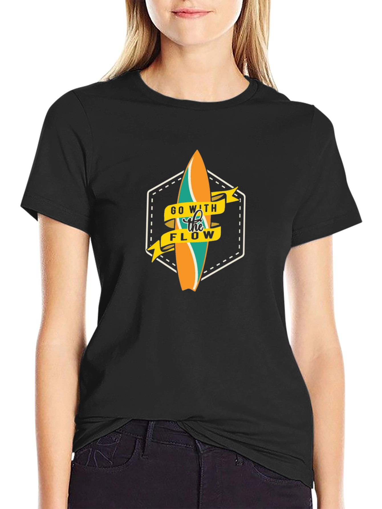 Go With The Flow Surfboard Graphic Black T-Shirt