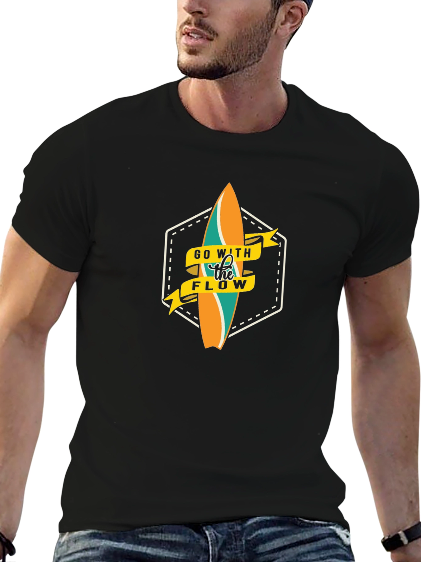 Go With The Flow Surfboard Graphic Black T-Shirt