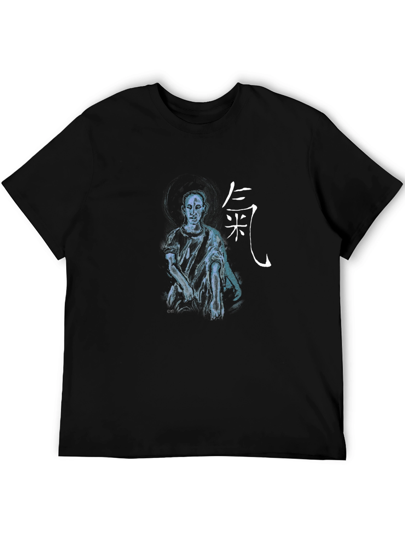 Artistic Black T-Shirt with Figure and Asian Script