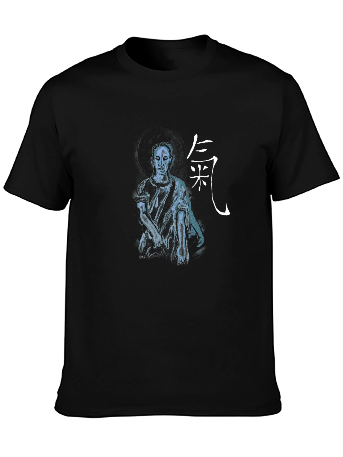 Artistic Black T-Shirt with Figure and Asian Script