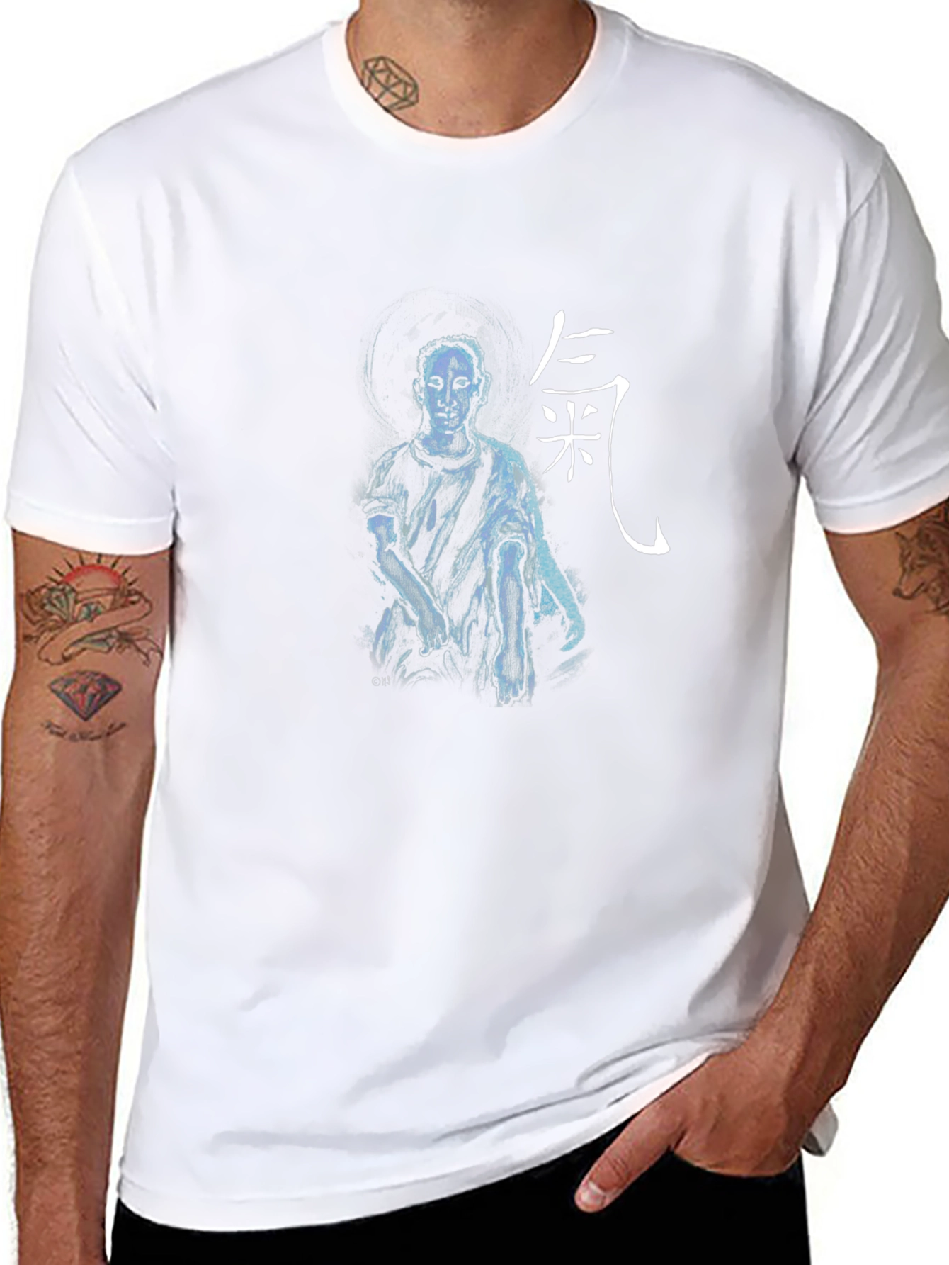 Artistic Black T-Shirt with Figure and Asian Script