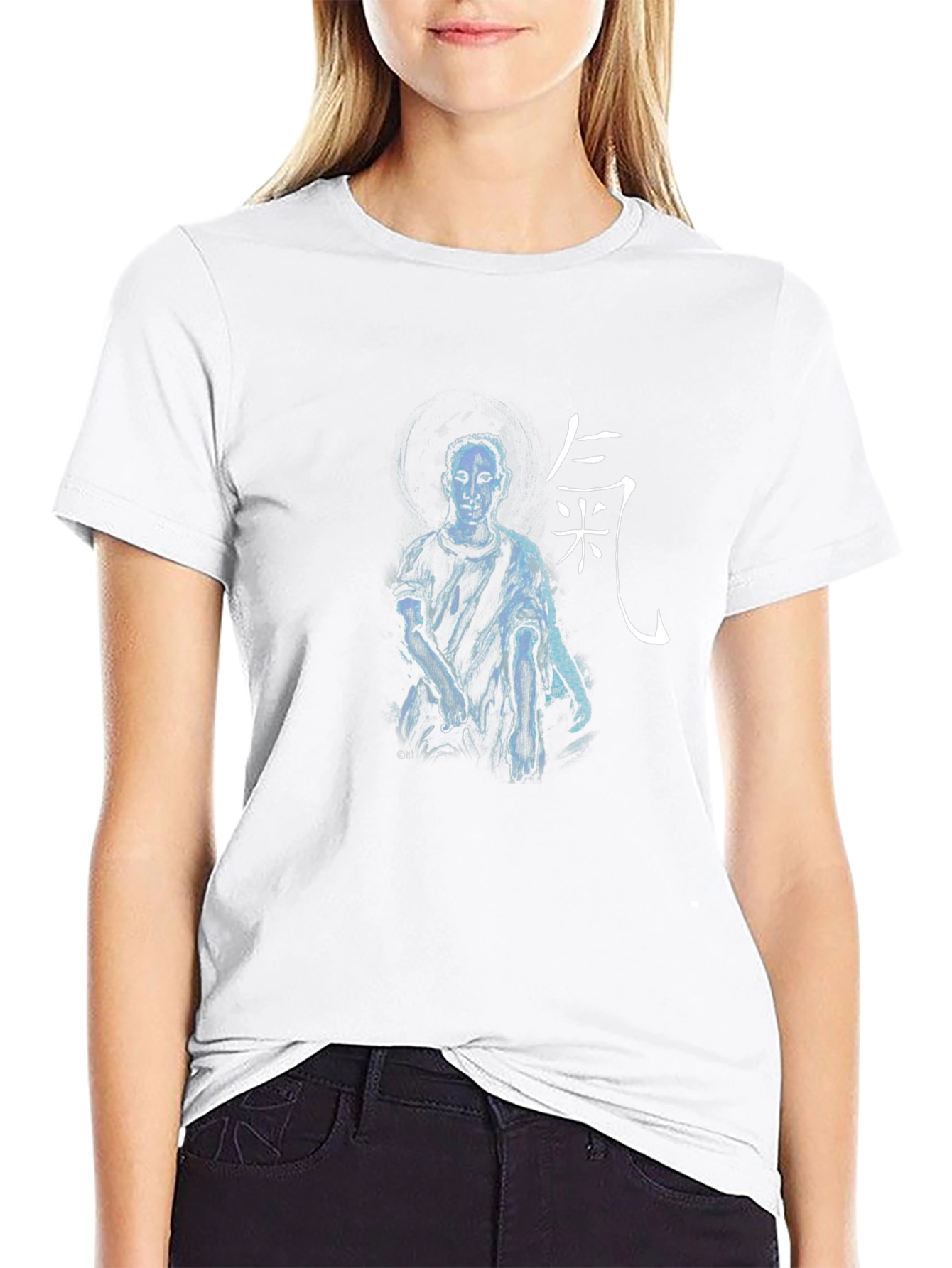 Artistic Black T-Shirt with Figure and Asian Script