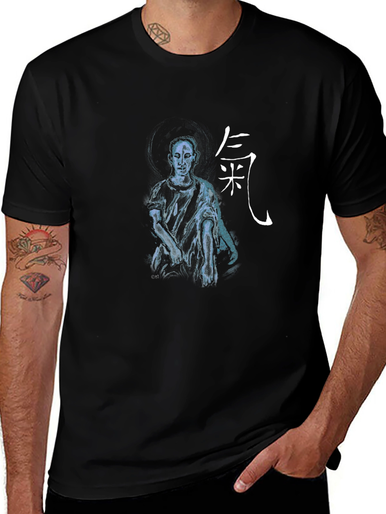 Artistic Black T-Shirt with Figure and Asian Script