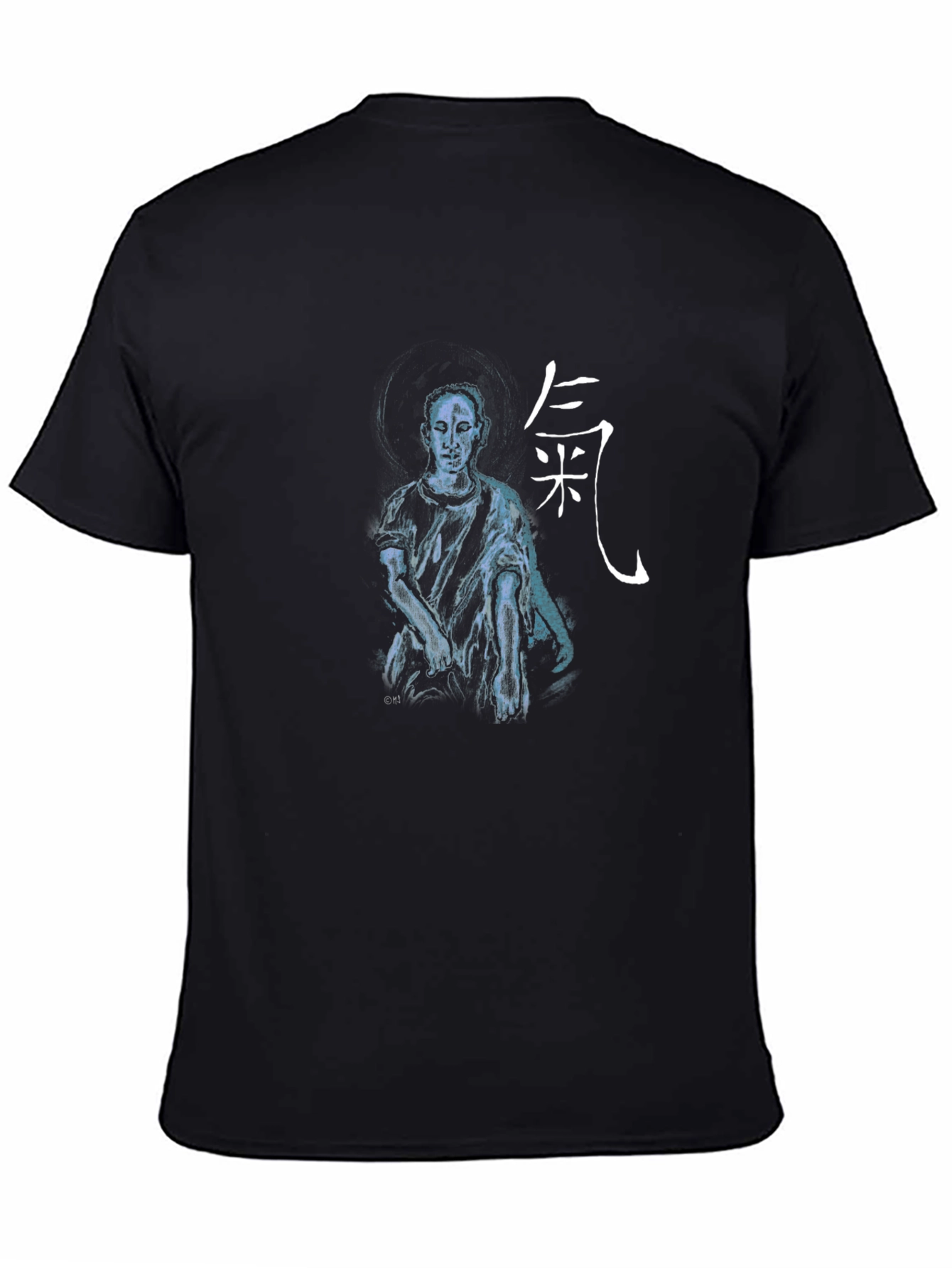 Artistic Black T-Shirt with Figure and Asian Script