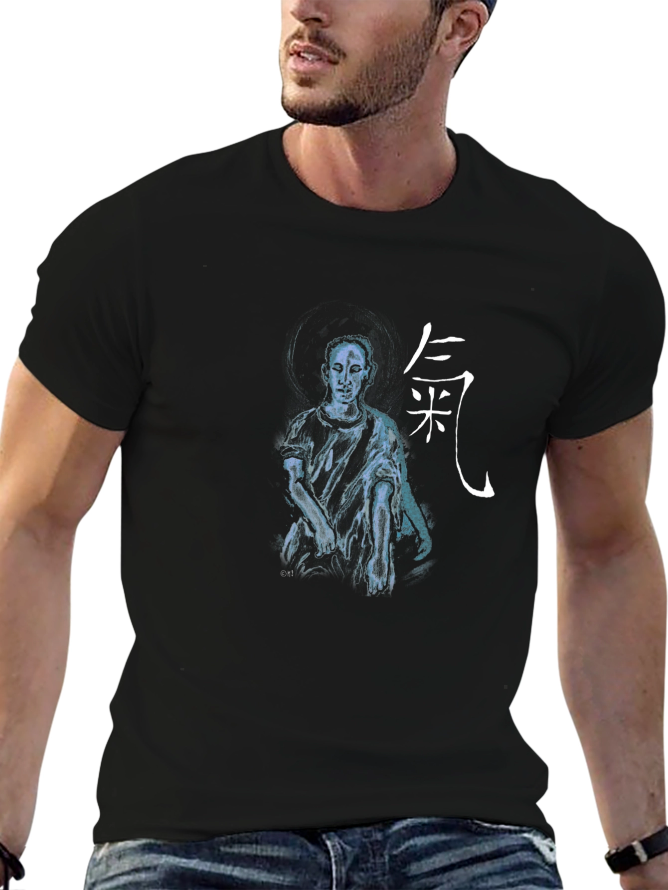 Artistic Black T-Shirt with Figure and Asian Script