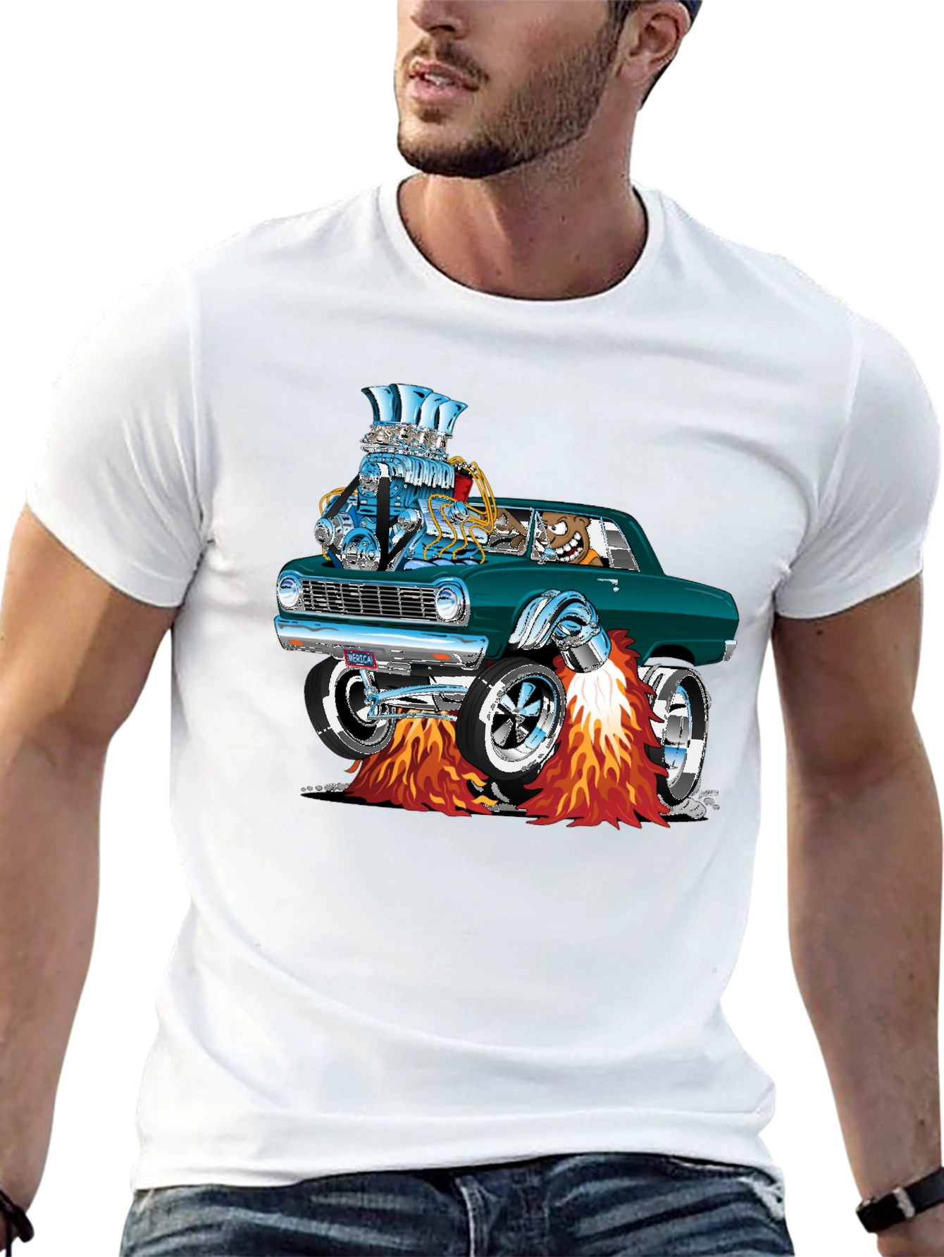Hot Rod Cartoon Car Graphic Tee - Black