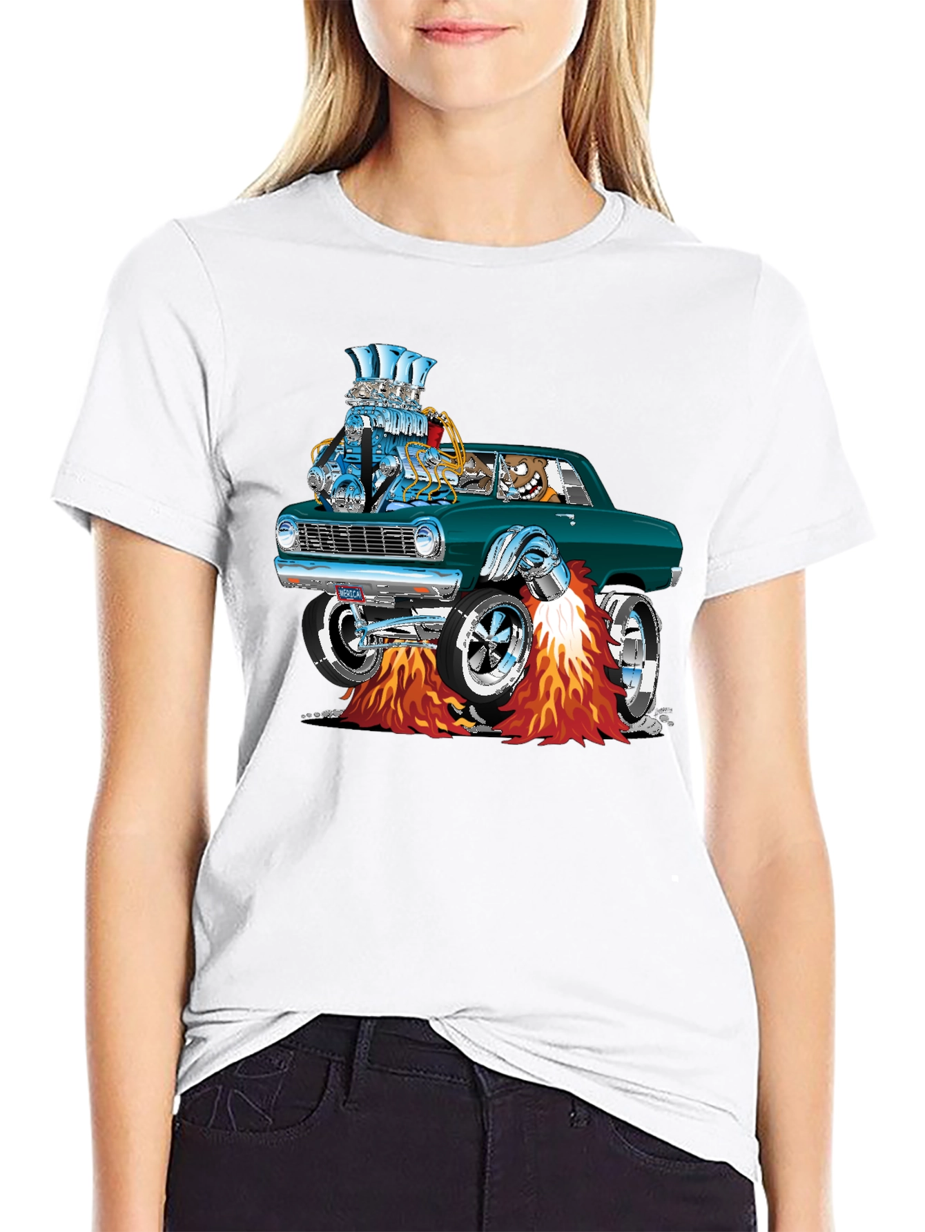 Hot Rod Cartoon Car Graphic Tee - Black
