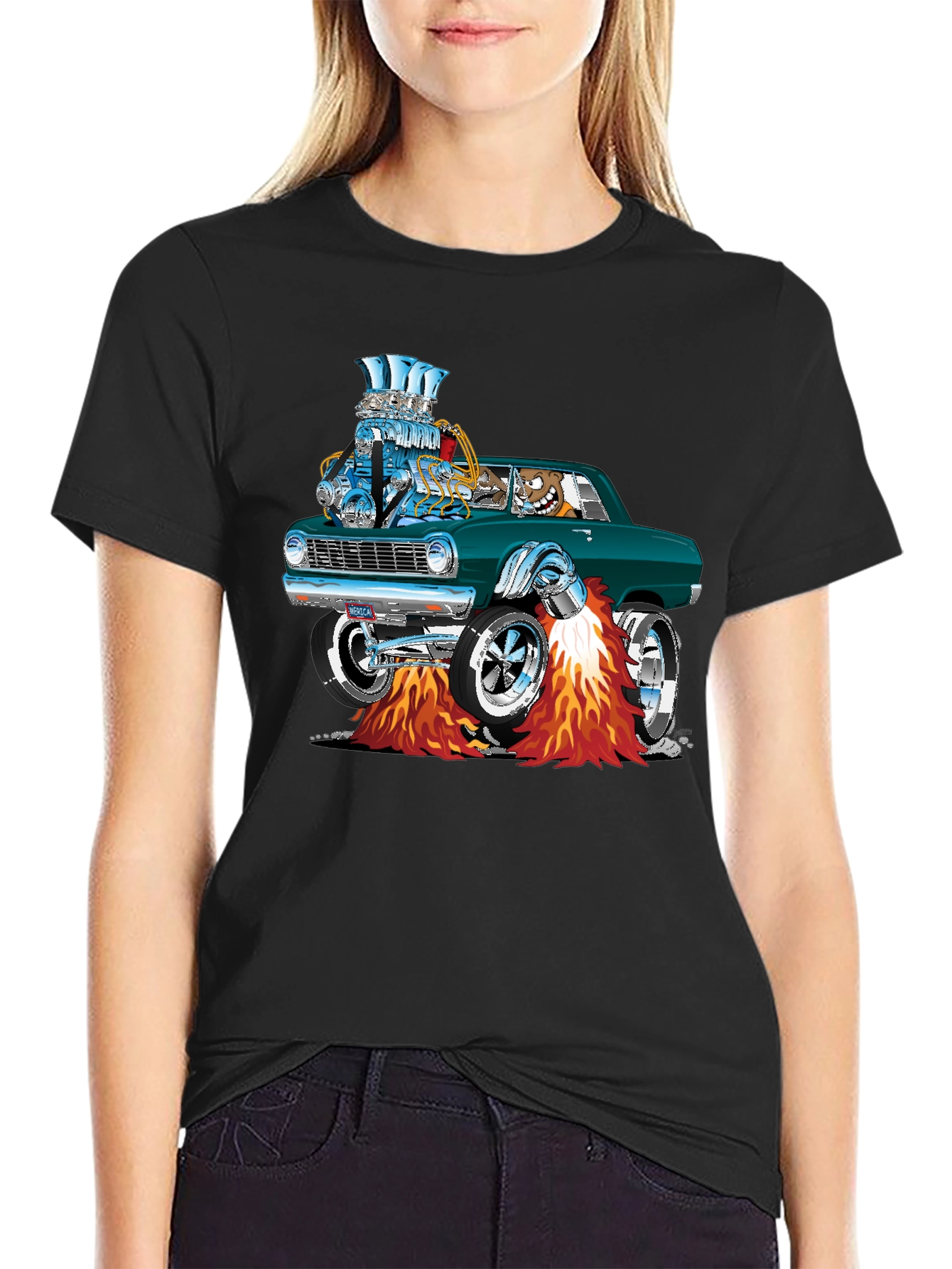 Hot Rod Cartoon Car Graphic Tee - Black