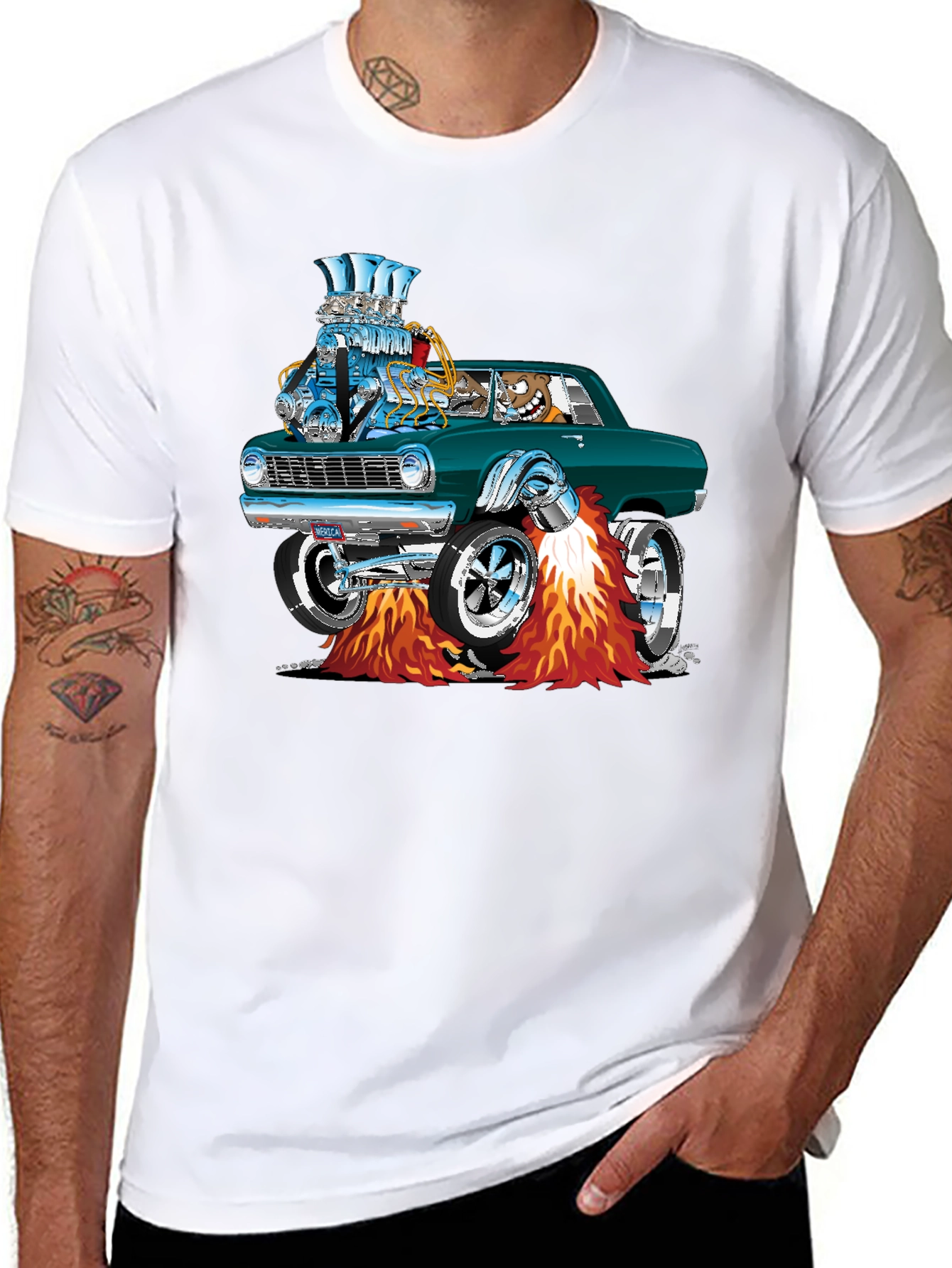 Hot Rod Cartoon Car Graphic Tee - Black