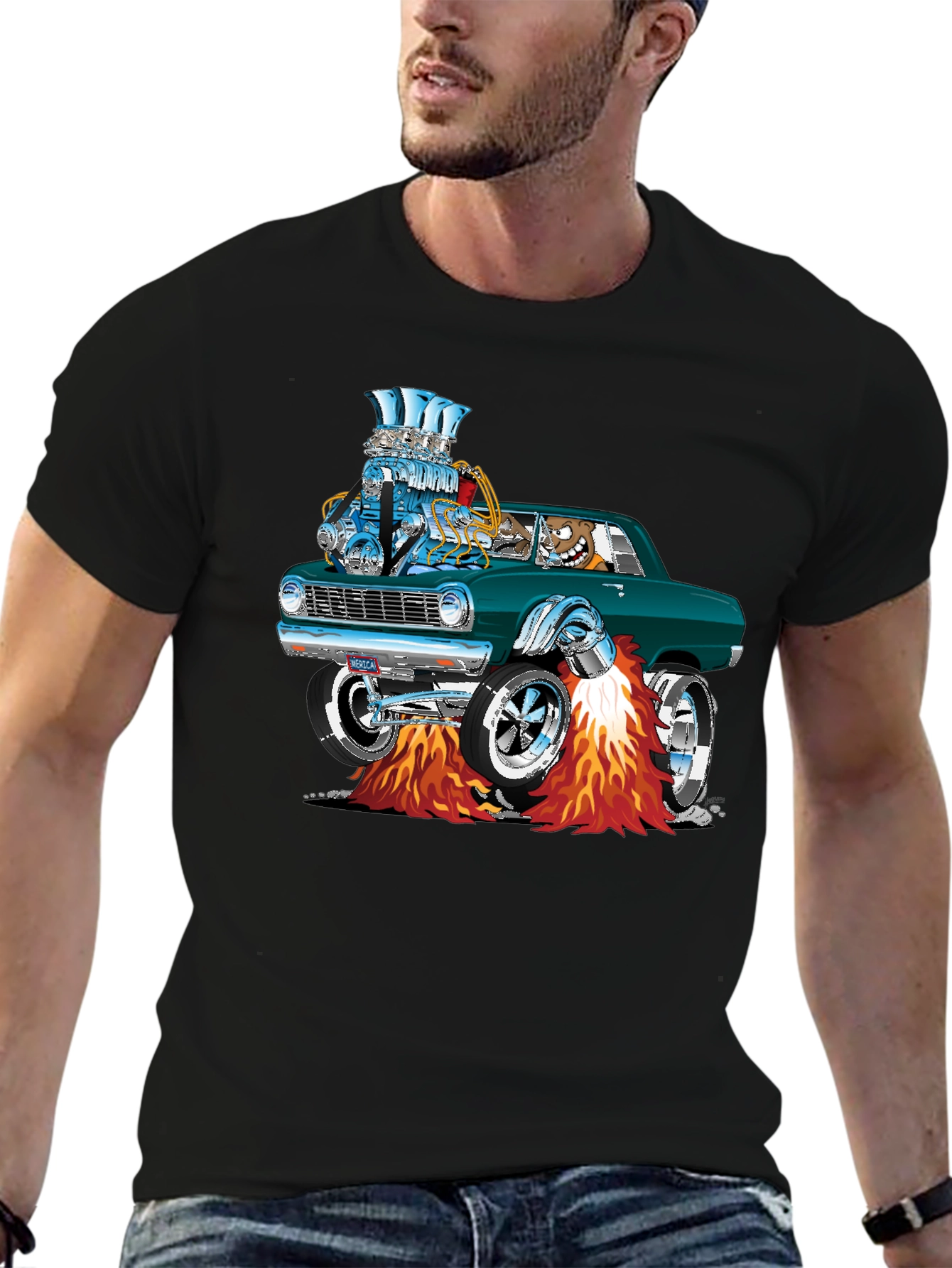 Hot Rod Cartoon Car Graphic Tee - Black