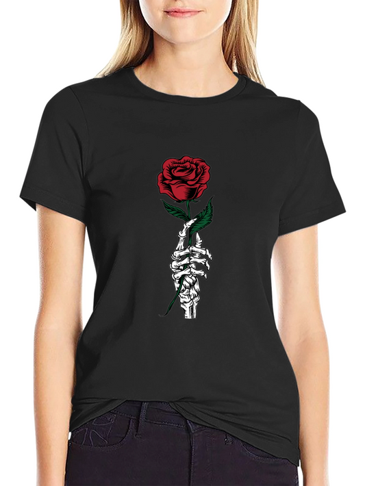 Skeleton Hand Rose Graphic Tee - Gothic Style Black T-Shirt