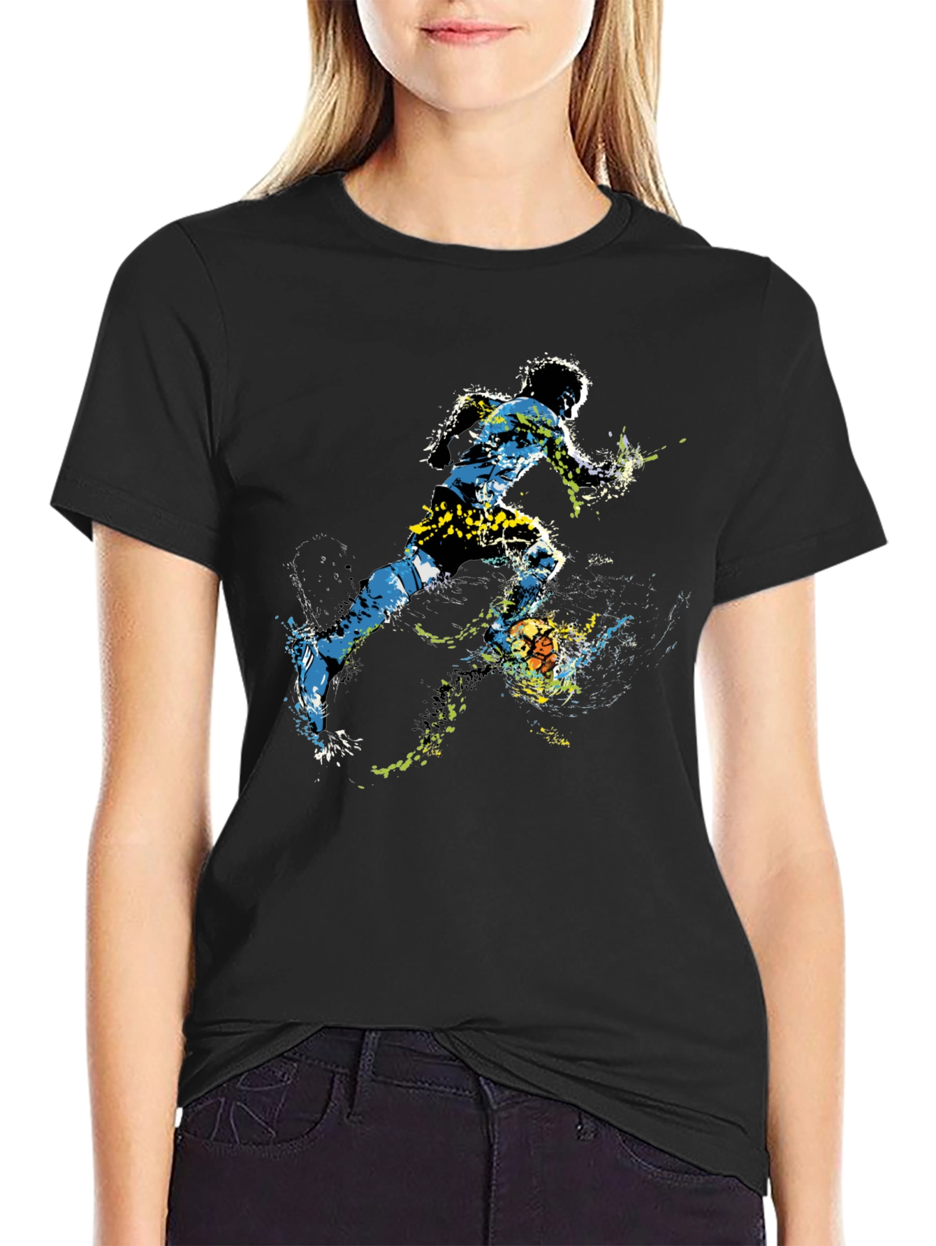 Dynamic Soccer Player Graphic Tee - Black