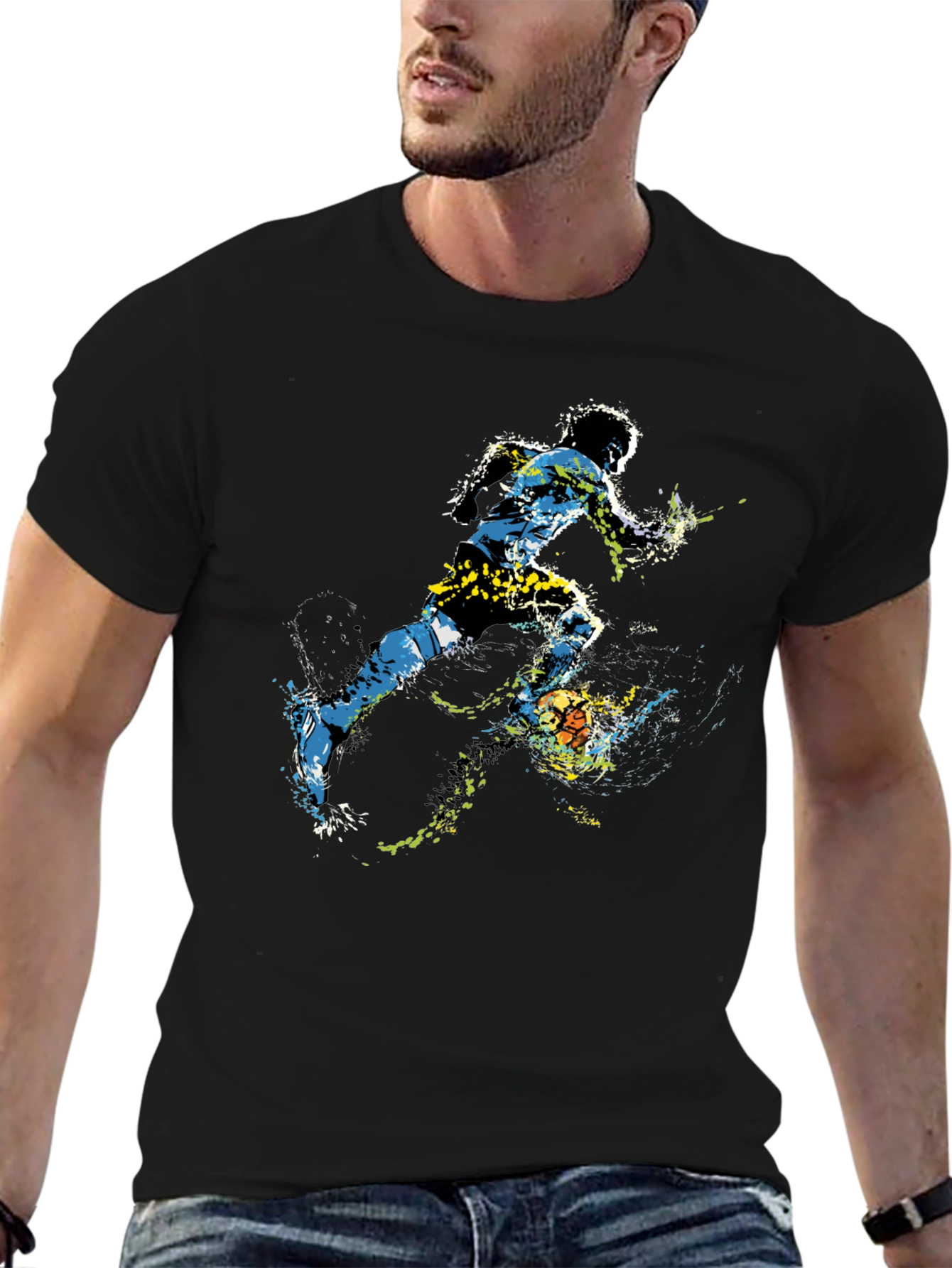Dynamic Soccer Player Graphic Tee - Black
