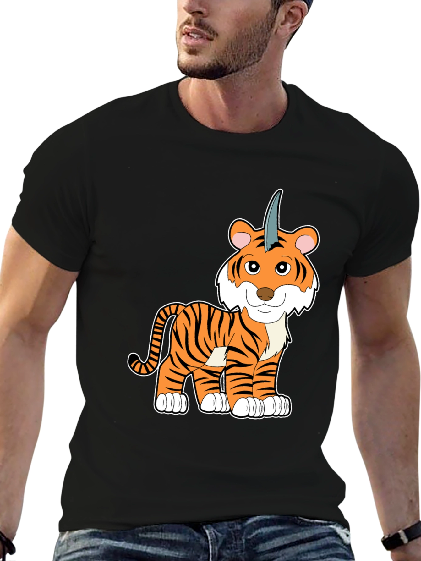 Unicorn Tiger Cartoon Black T-shirt