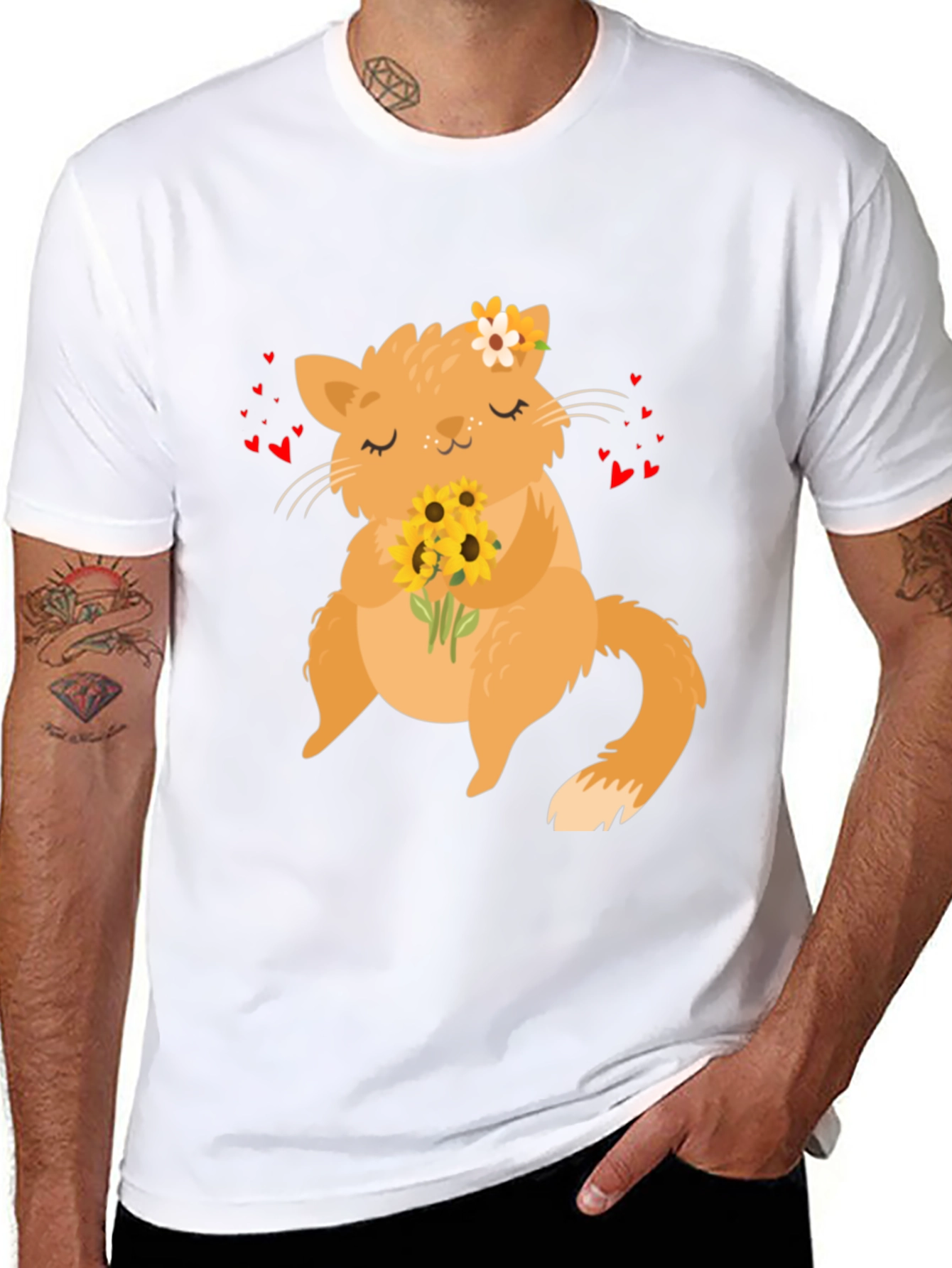 Cute Cat Sunflower Graphic T-Shirt