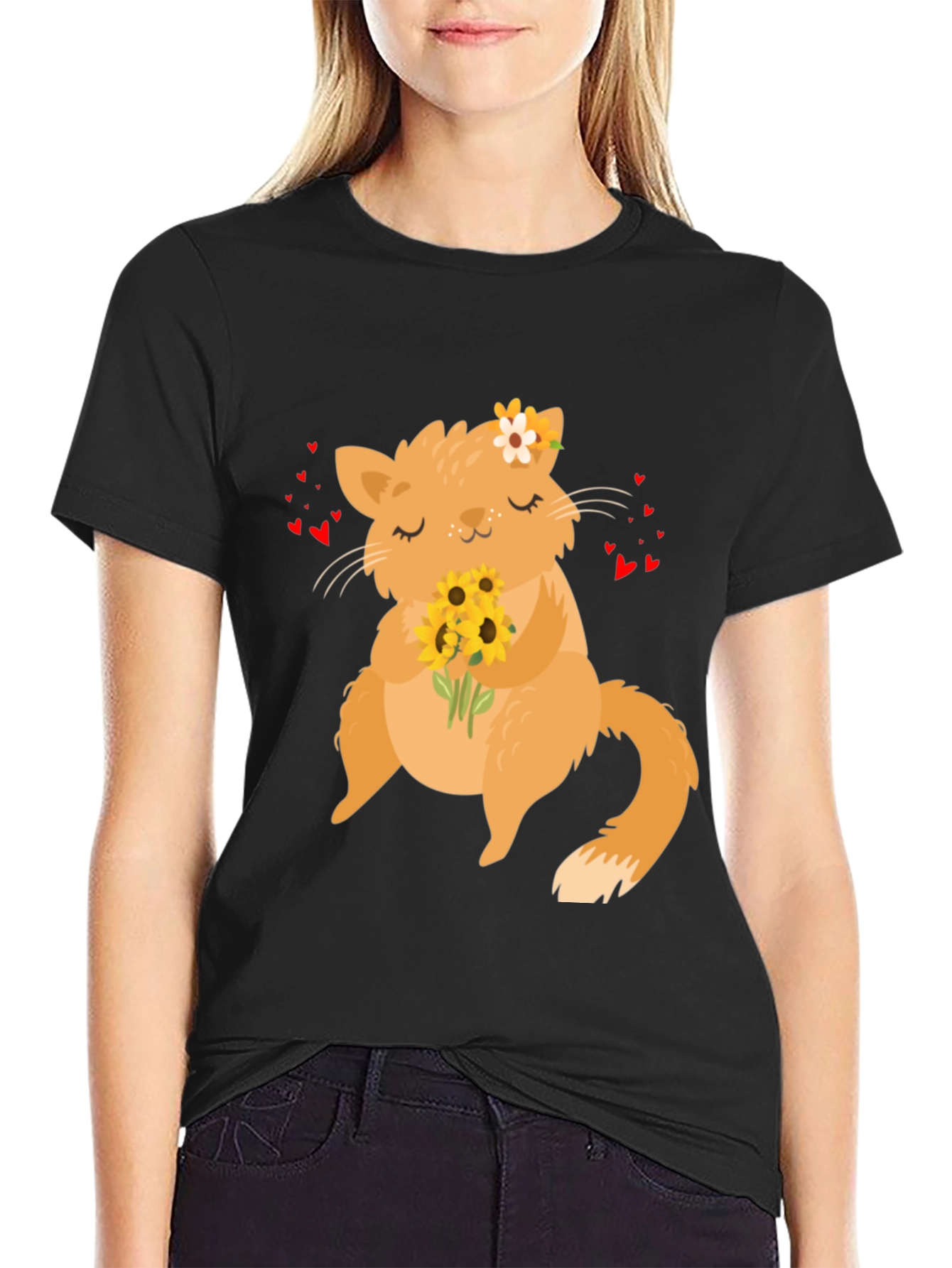 Cute Cat Sunflower Graphic T-Shirt