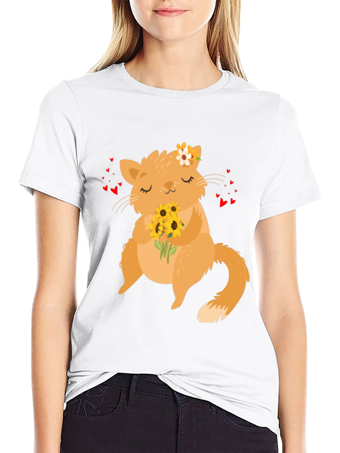 Cute Cat Sunflower Graphic T-Shirt