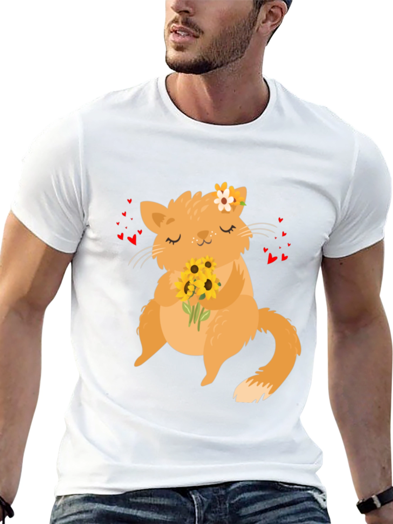 Cute Cat Sunflower Graphic T-Shirt