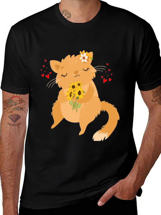 Cute Cat Sunflower Graphic T-Shirt